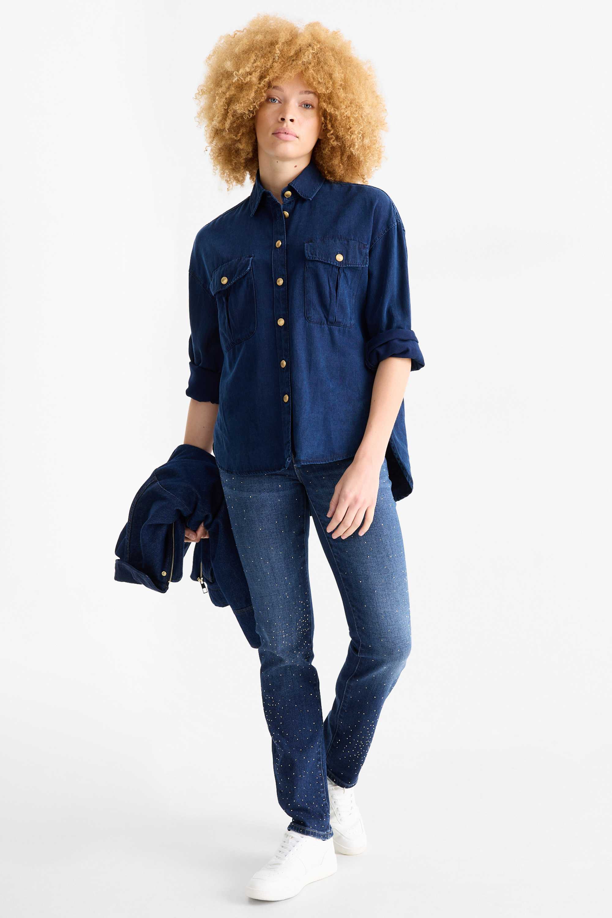 Straight jeans with rhinestones - mid-rise waist denim-dark blue