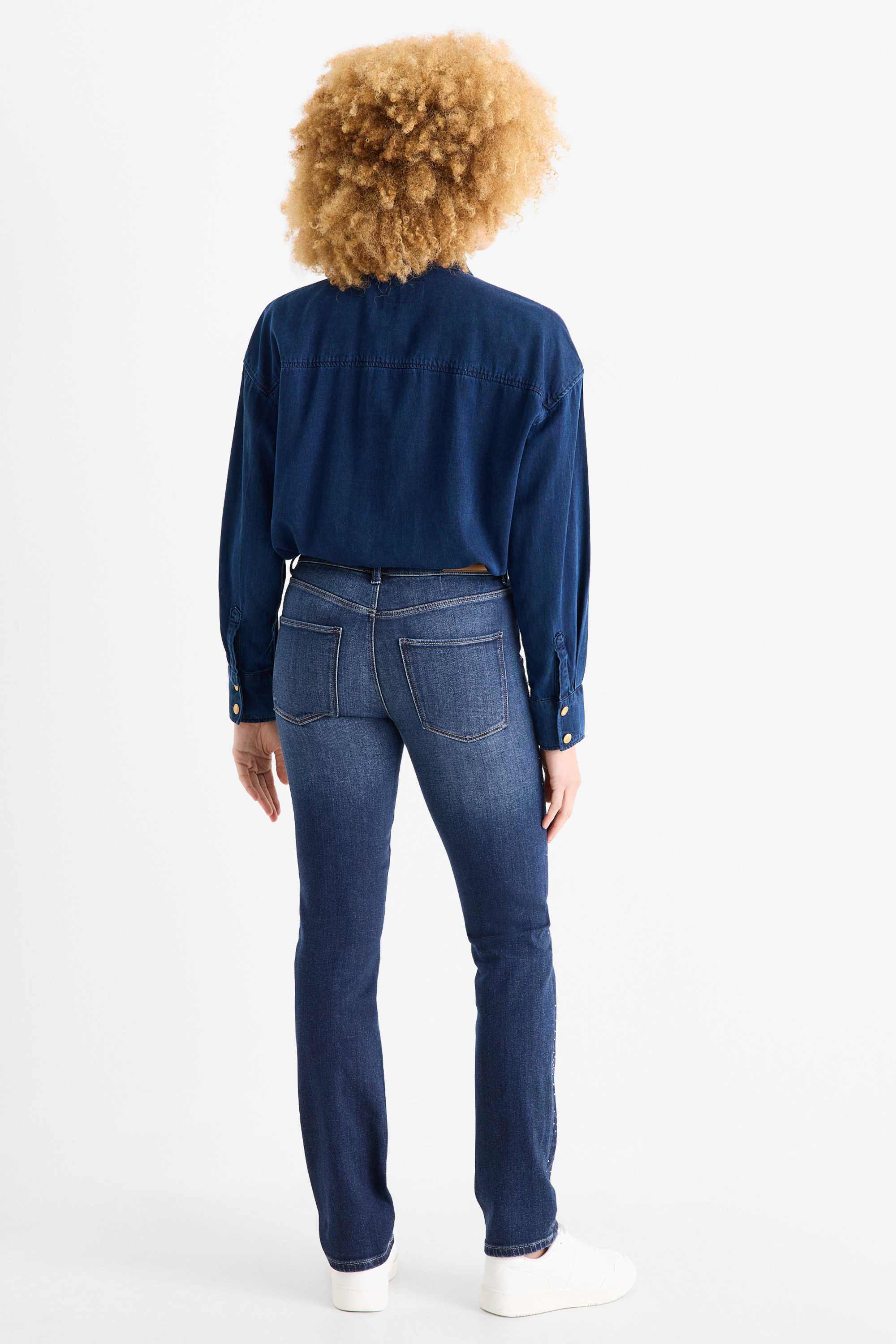 Straight jeans with rhinestones - mid-rise waist denim-dark blue