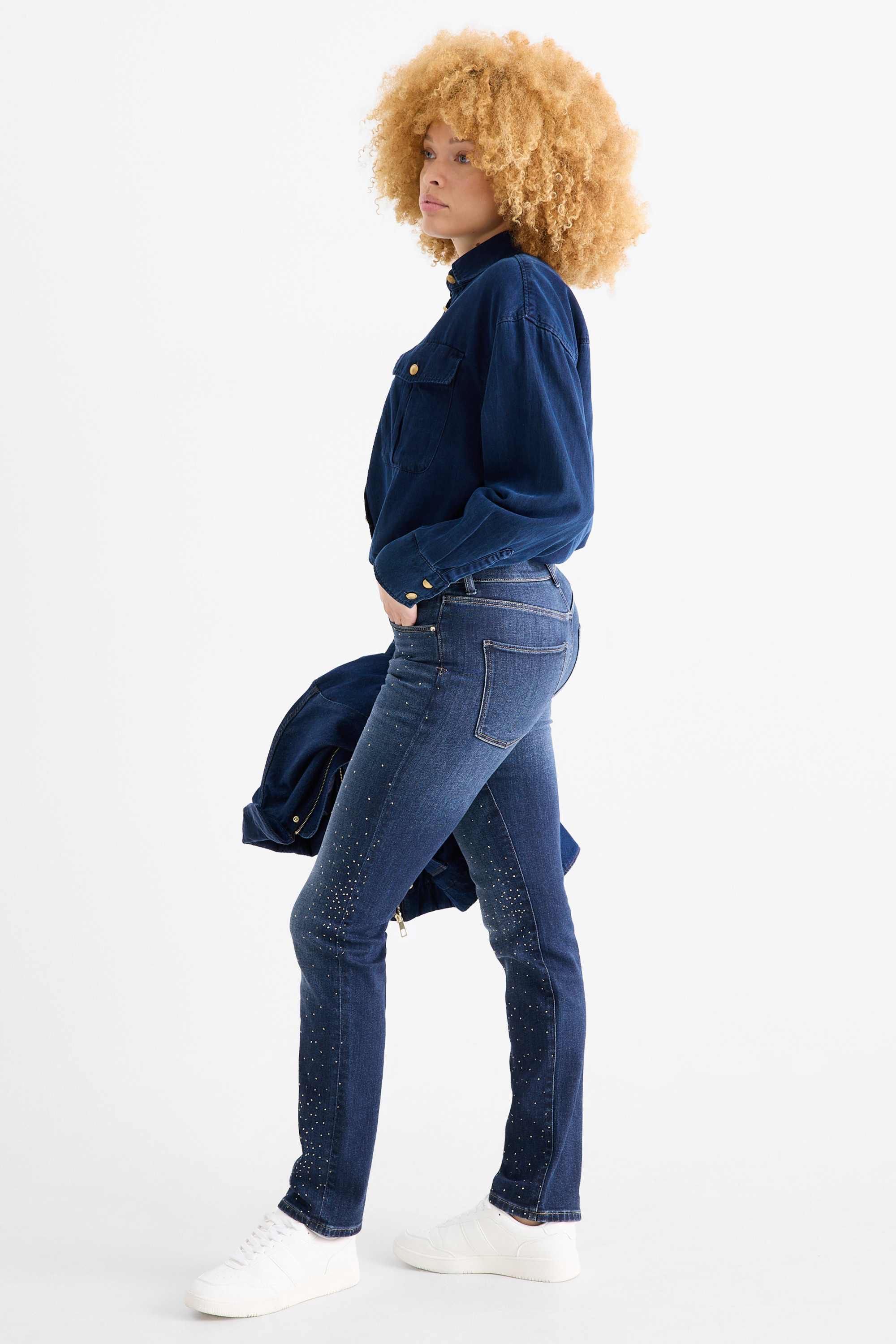 Straight jeans with rhinestones - mid-rise waist denim-dark blue