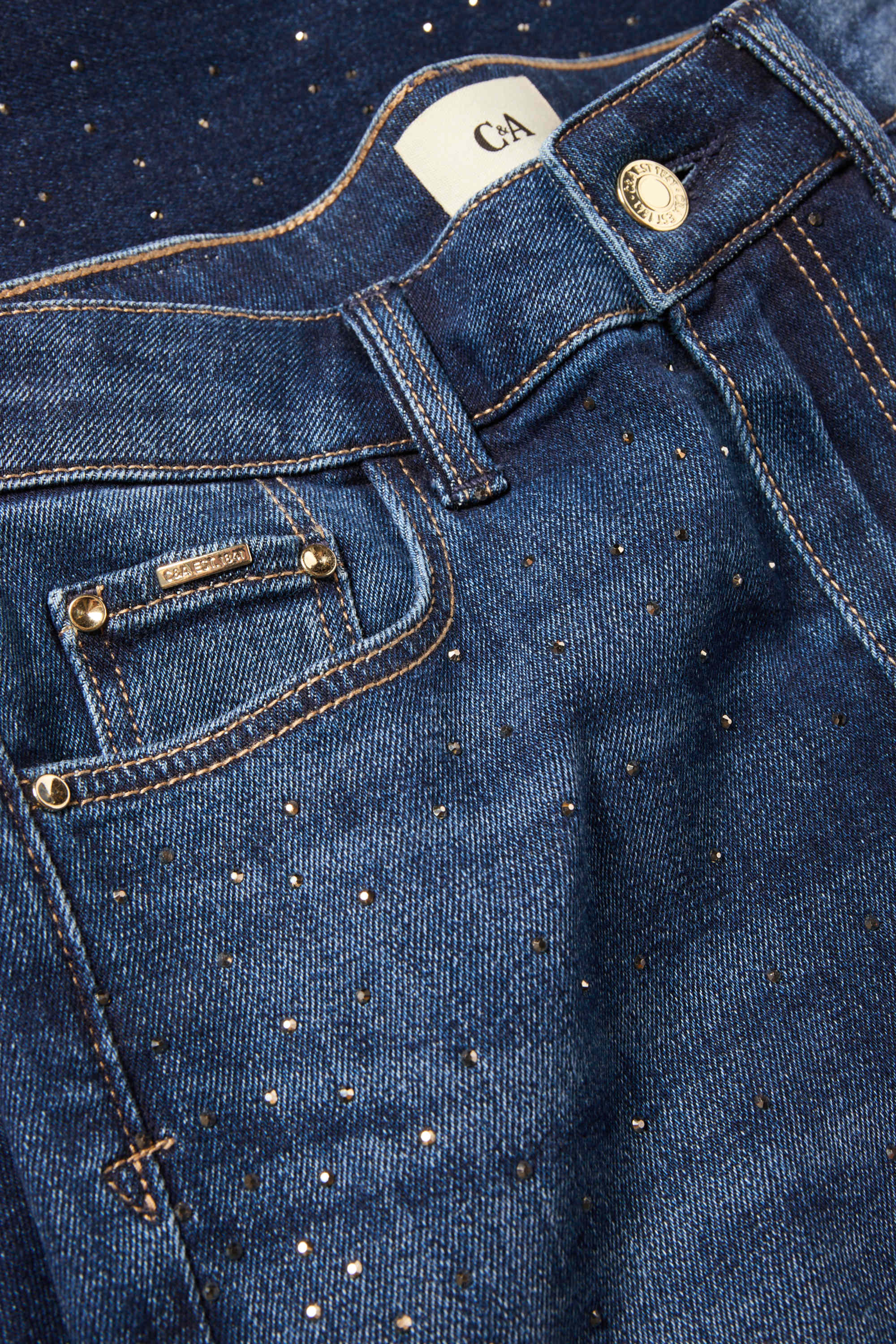 Straight jeans with rhinestones - mid-rise waist denim-dark blue