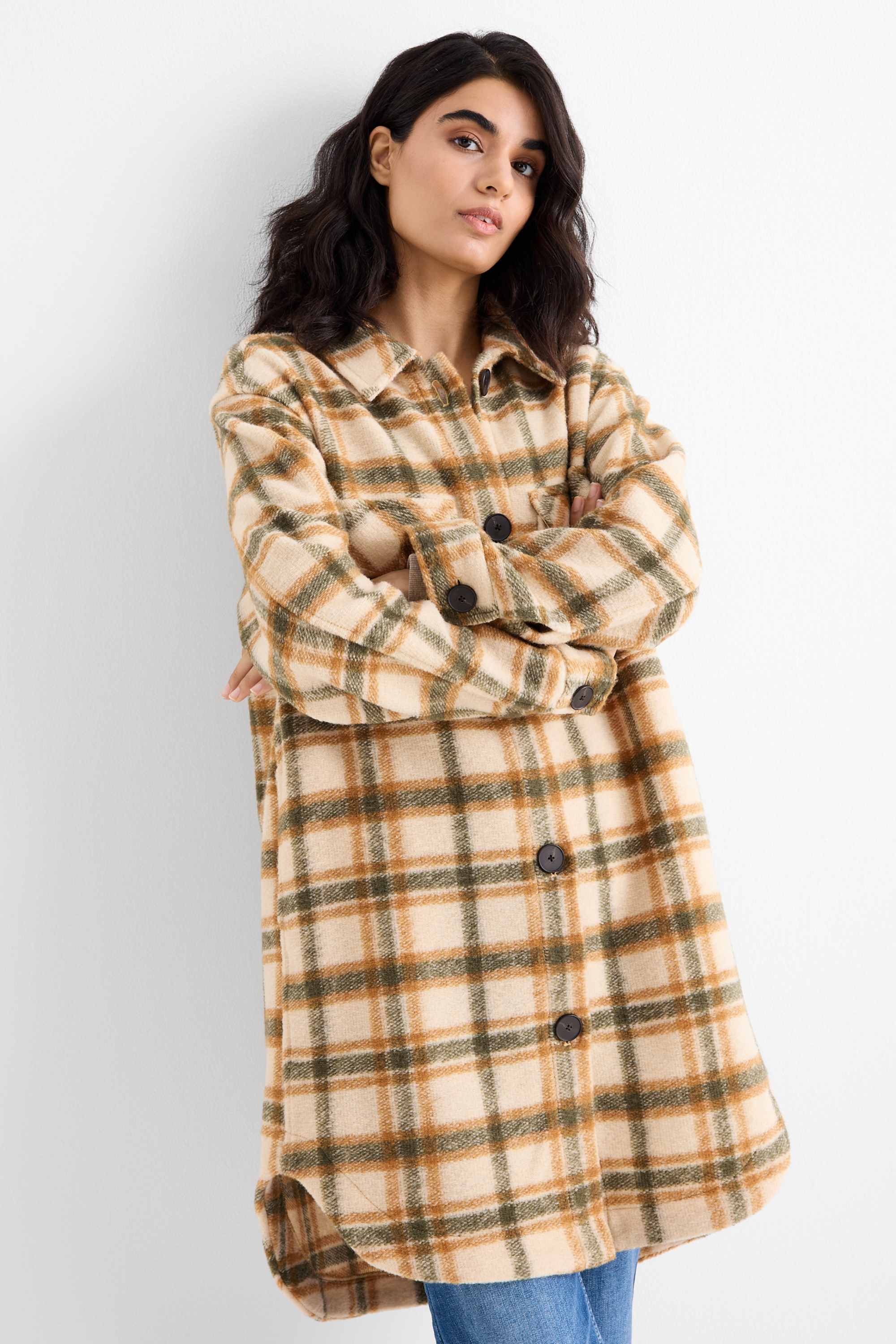 Knitted coat - check light beige
