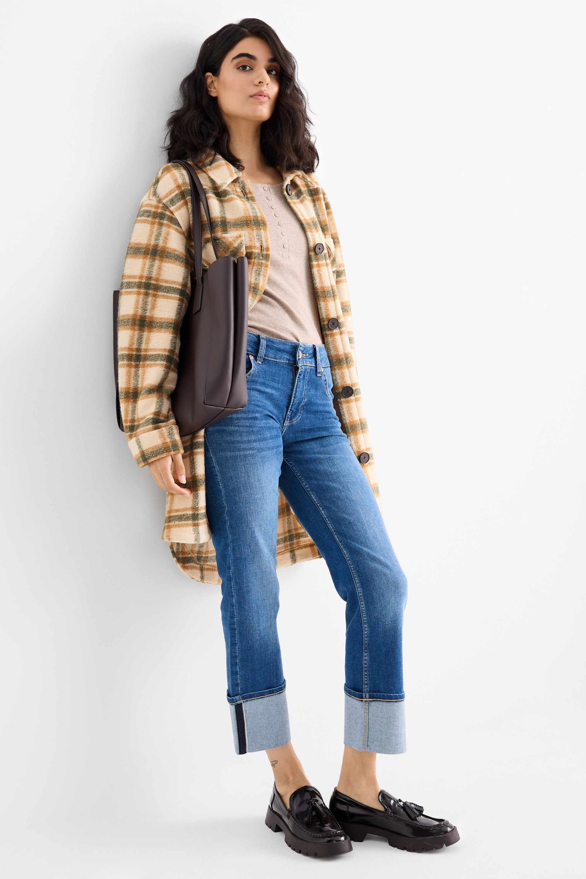 Knitted coat - check light beige