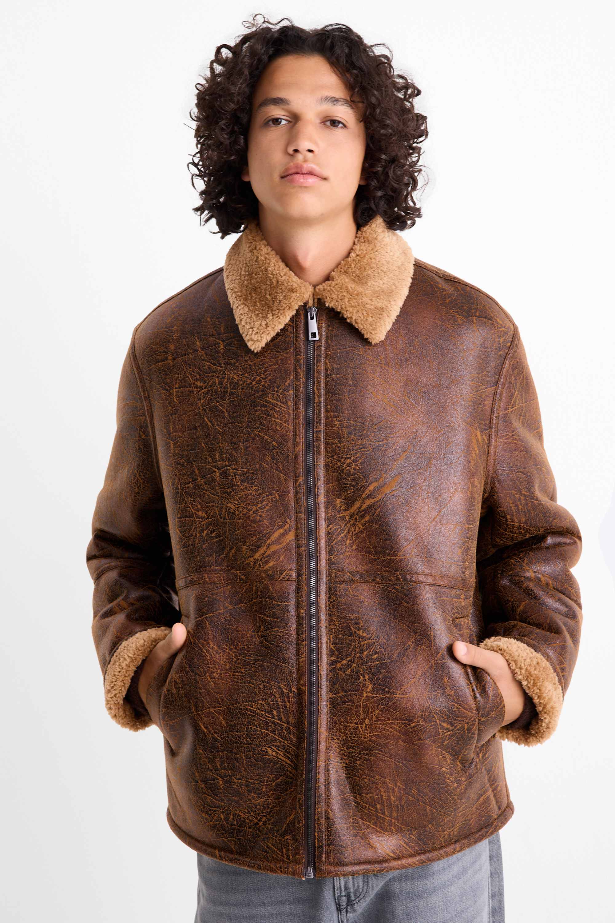 Faux shearling jacket - faux leather brown