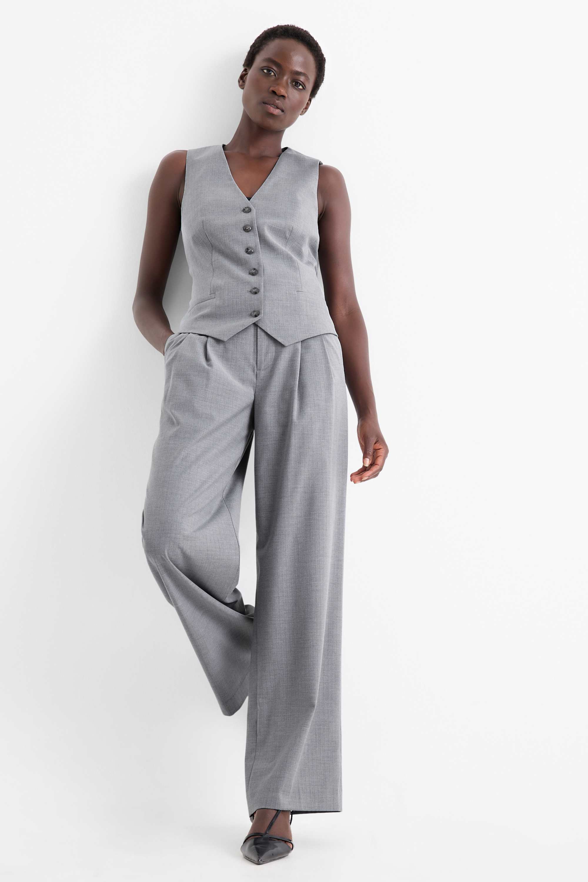 Business trousers - mid-rise waist - relaxed fit - pinstripes gray