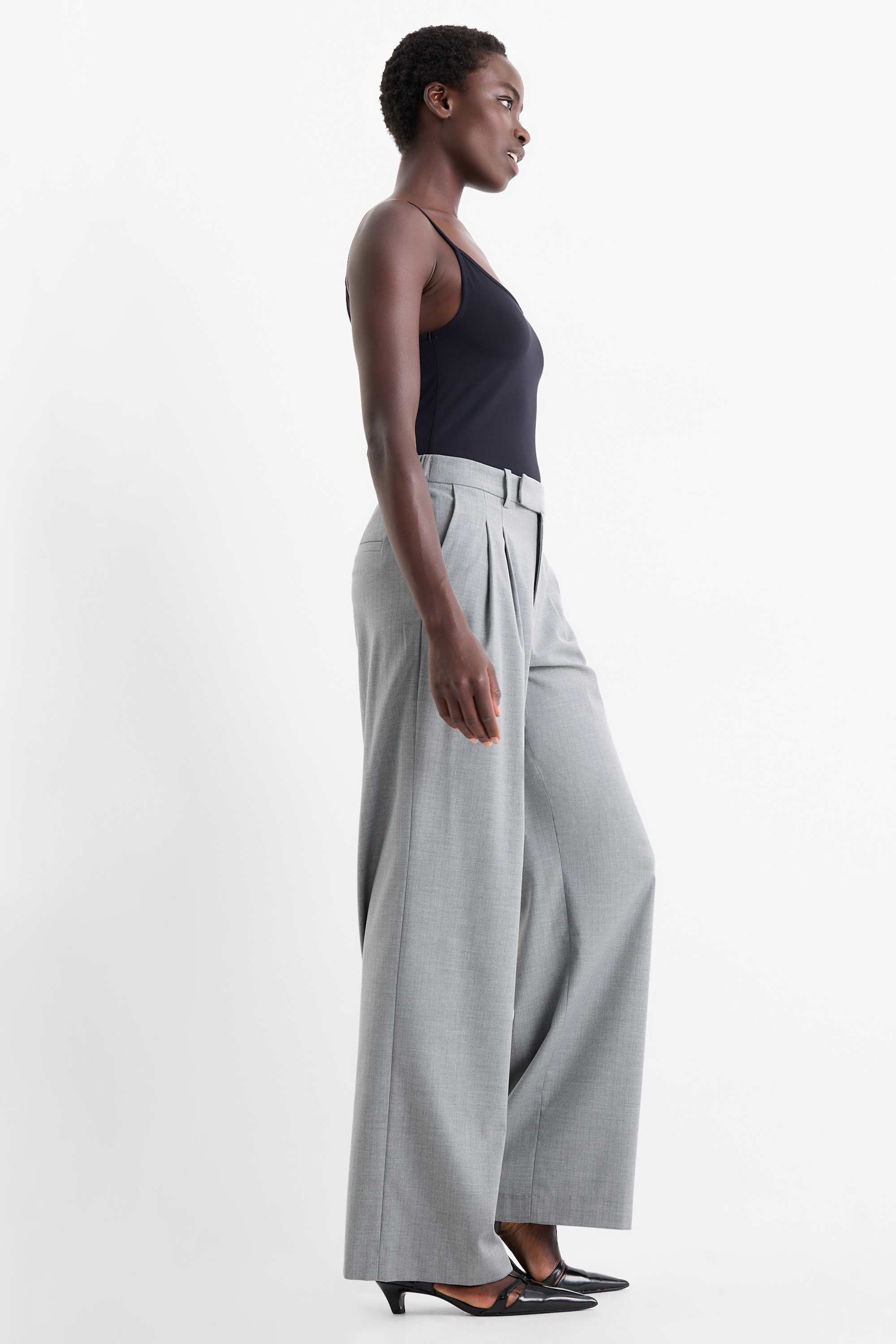 Business trousers - mid-rise waist - relaxed fit - pinstripes gray