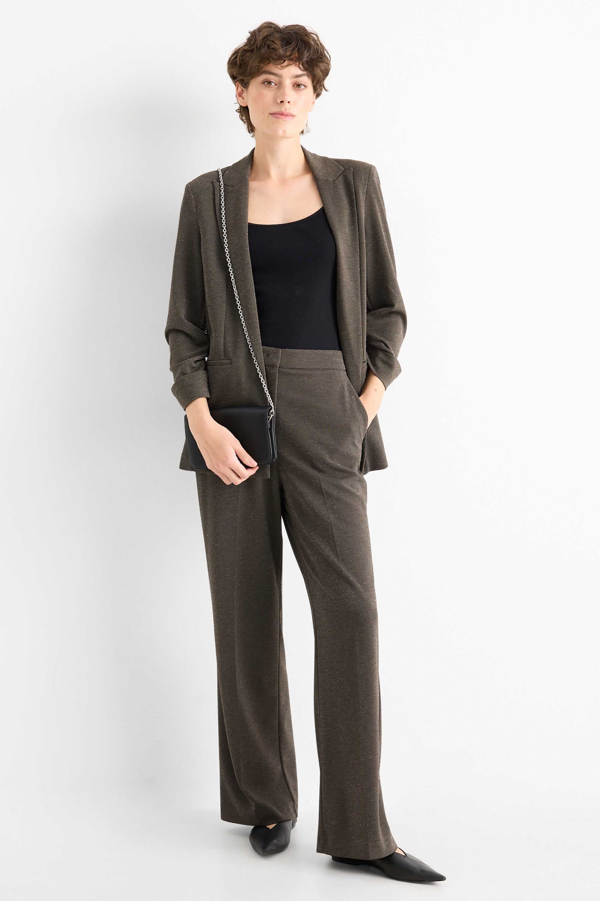 Trousers - high waist - wide leg - shiny dark gray