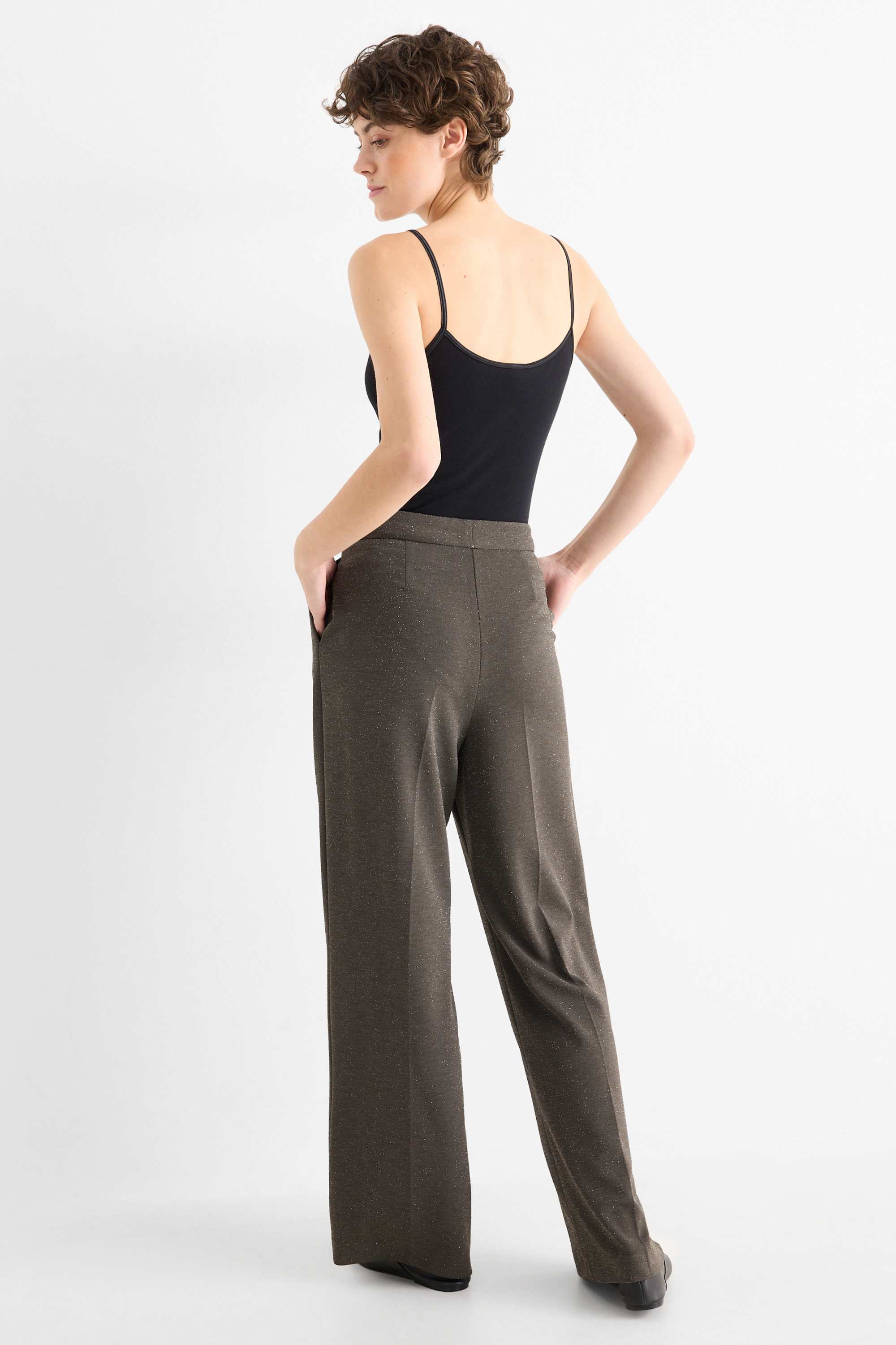 Trousers - high waist - wide leg - shiny dark gray