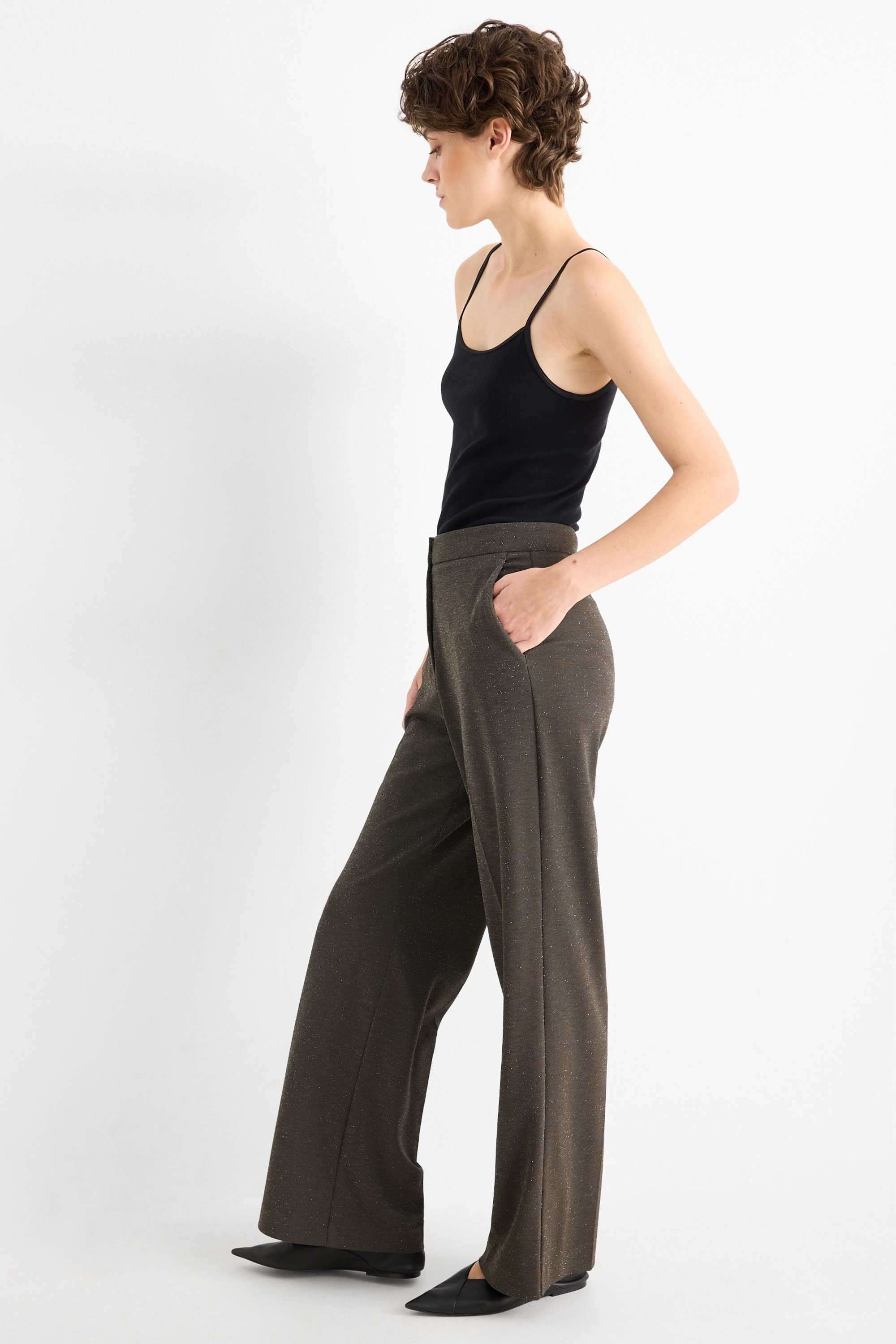 Trousers - high waist - wide leg - shiny dark gray