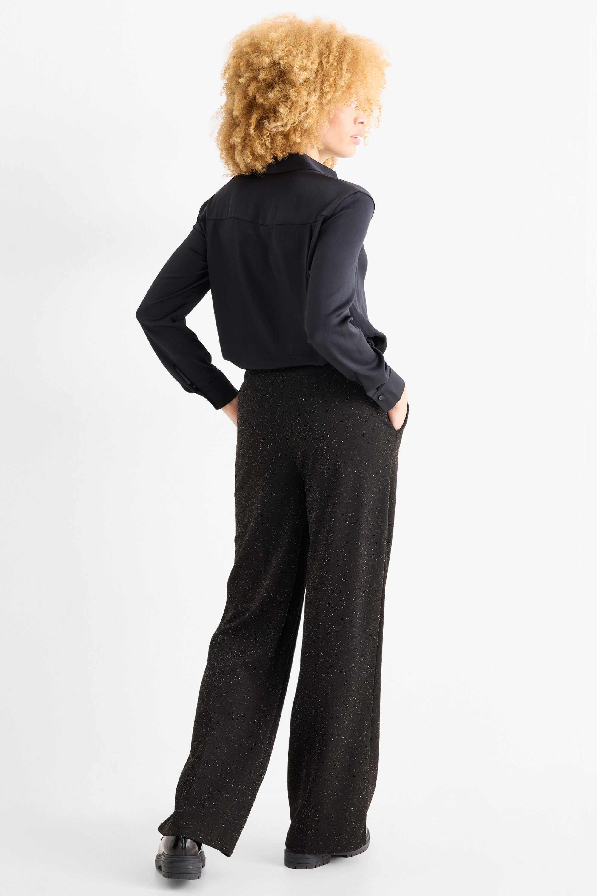 Trousers - high waist - wide leg - shiny black