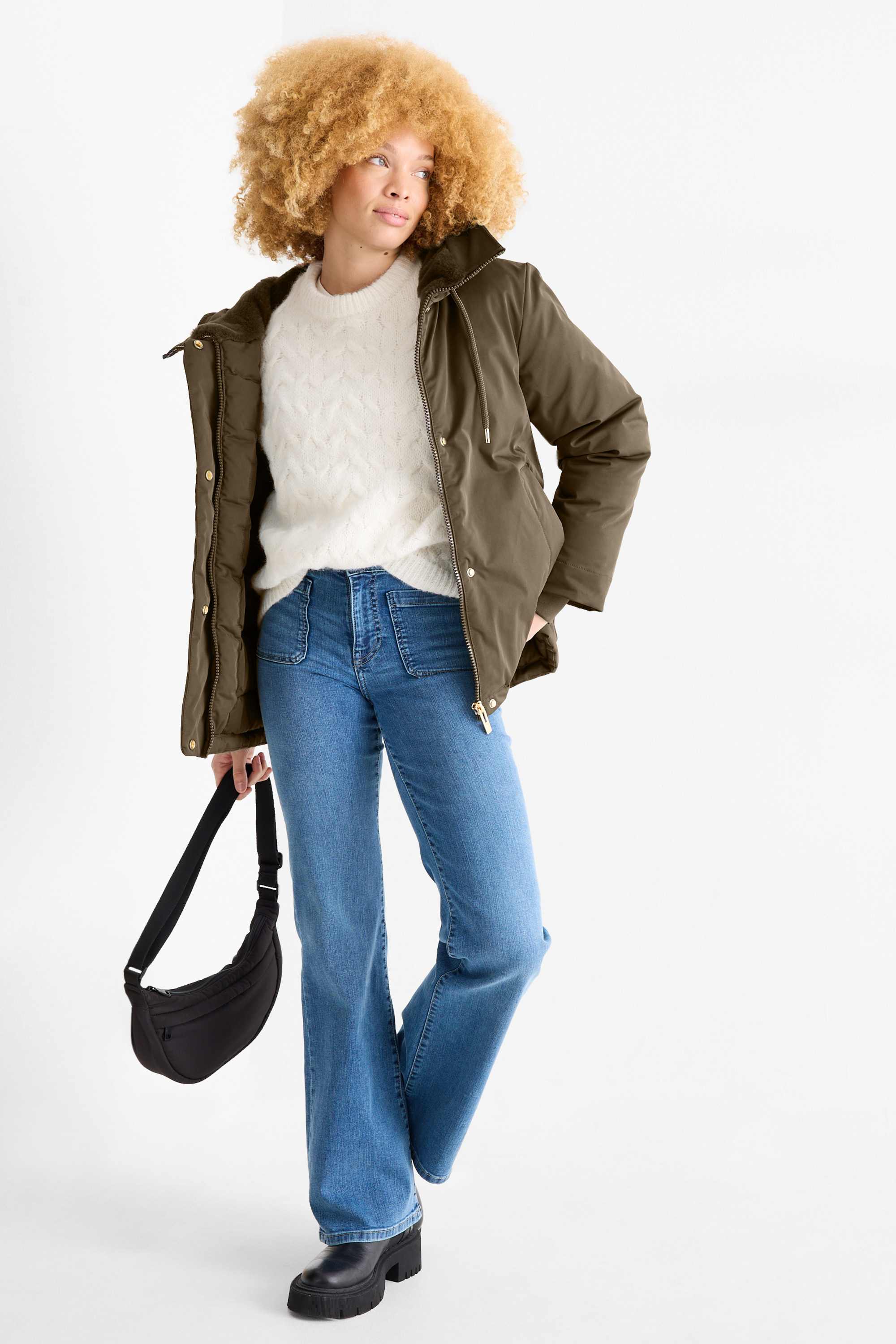 Jacket with hood - lined - water-repellent khaki