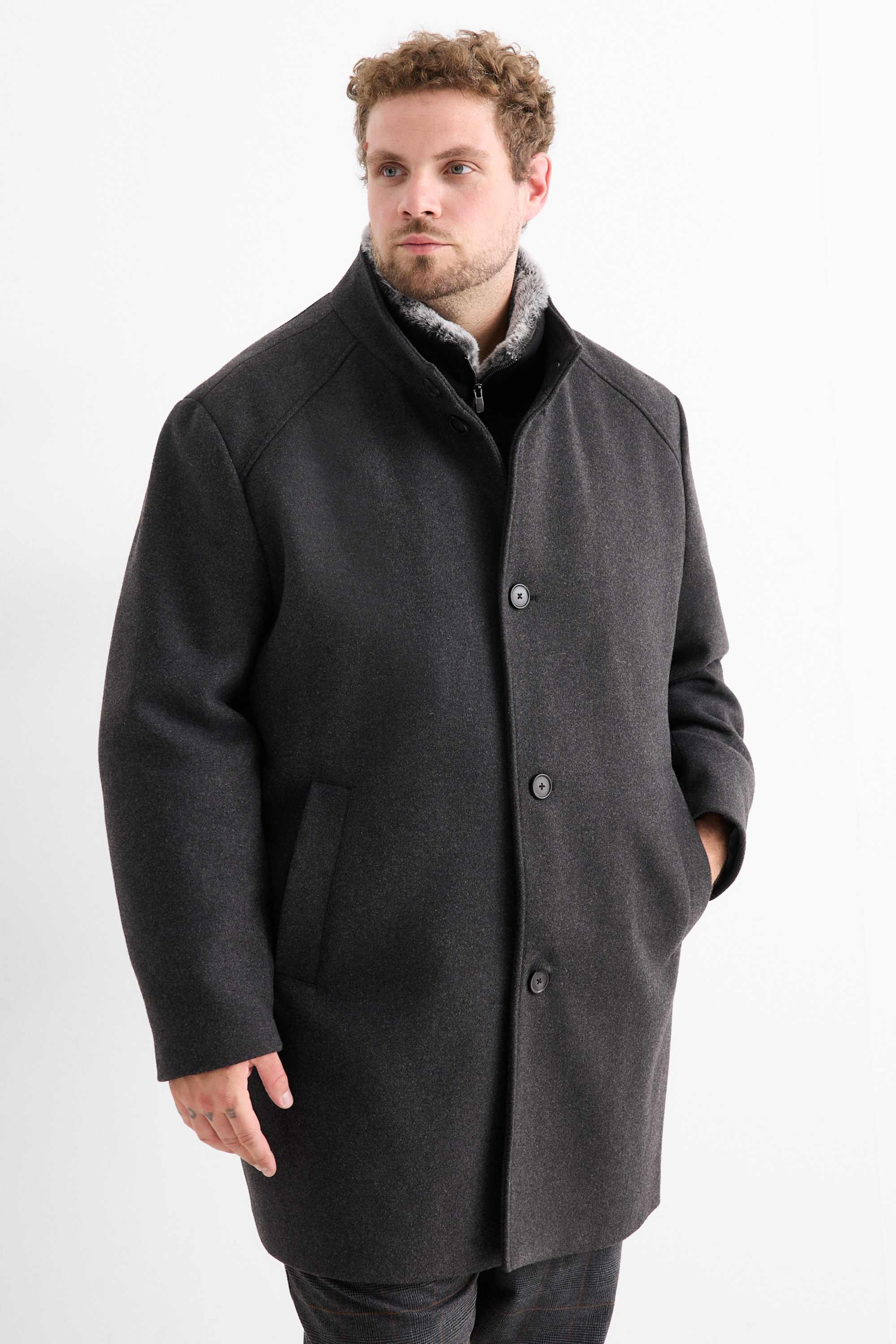 Coat with faux fur trim dark gray