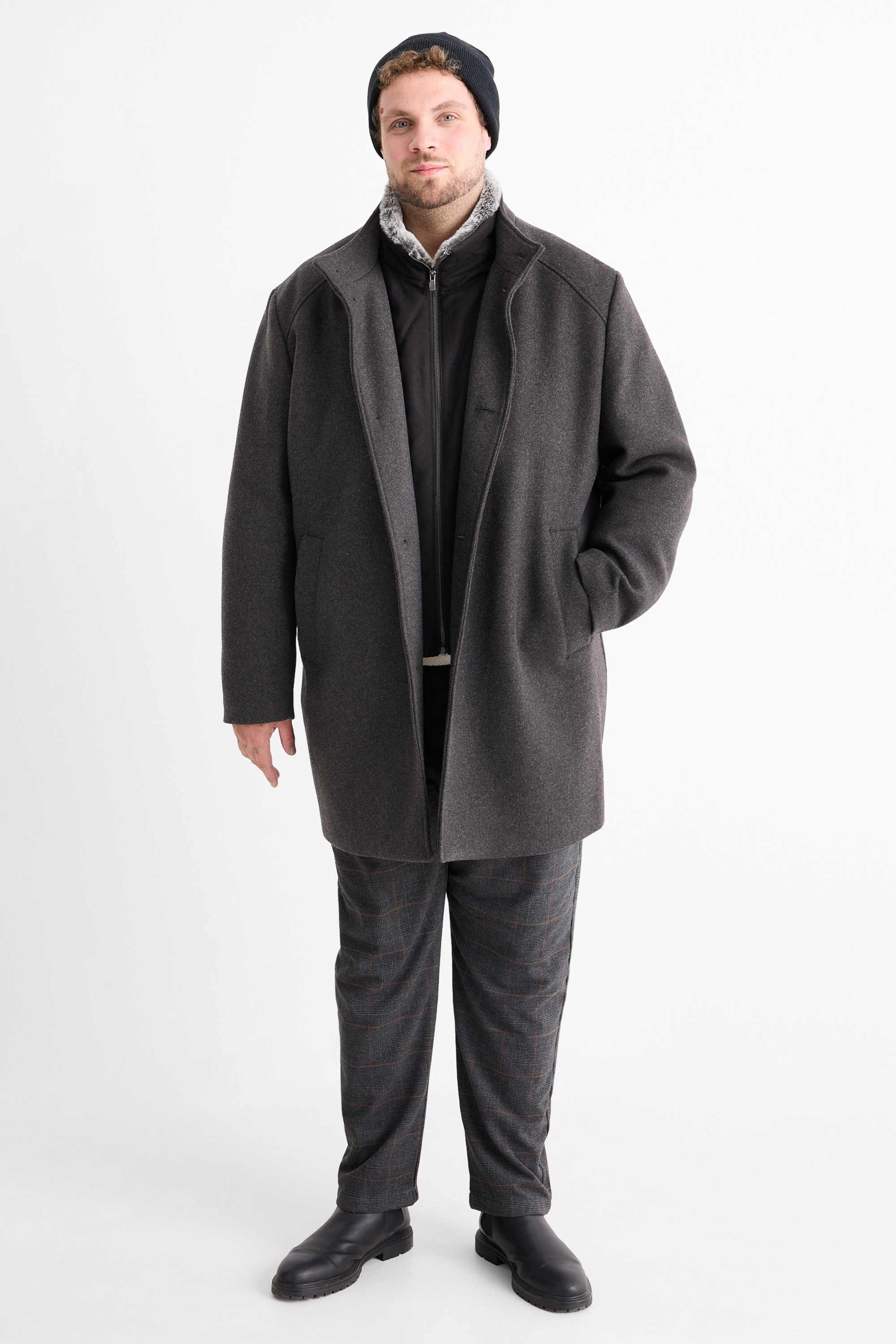 Coat with faux fur trim dark gray