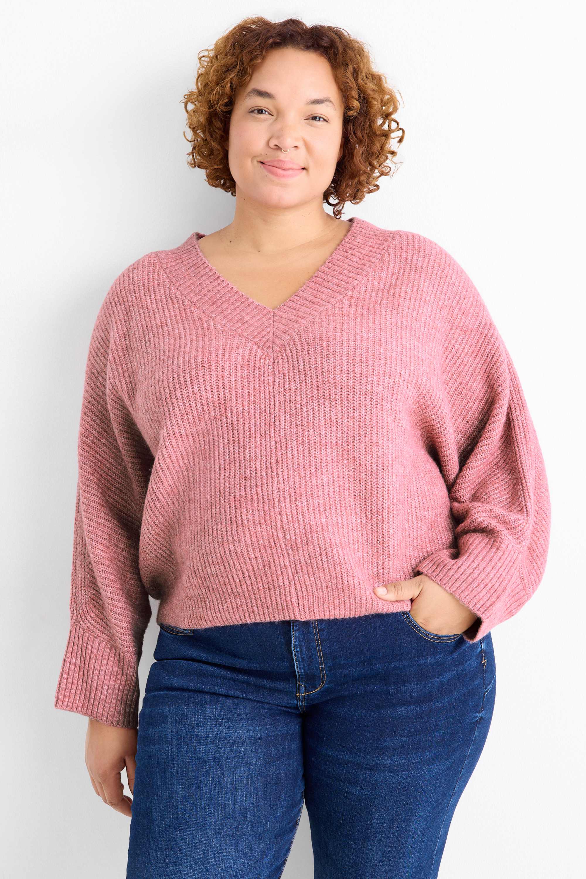 V-neck jumper - ribbed rose