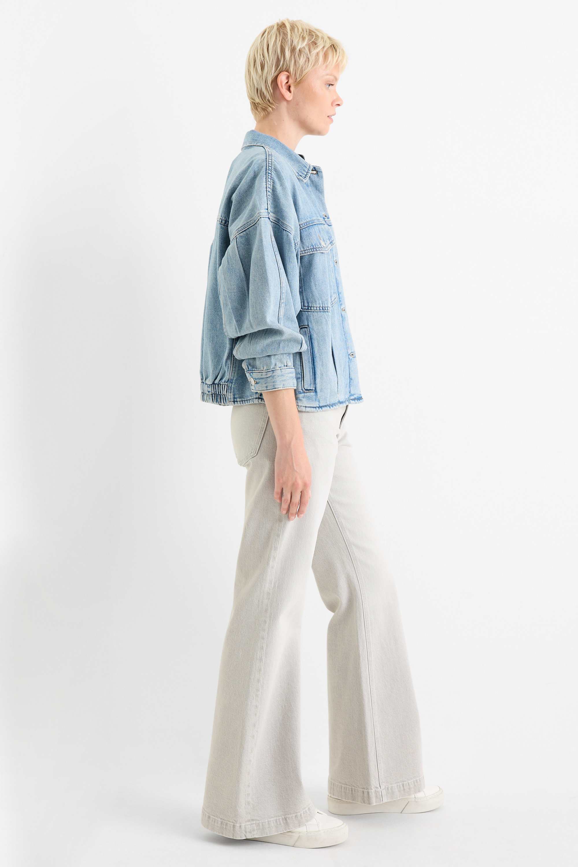 Loose flared jeans - mid-rise waist denim-light gray