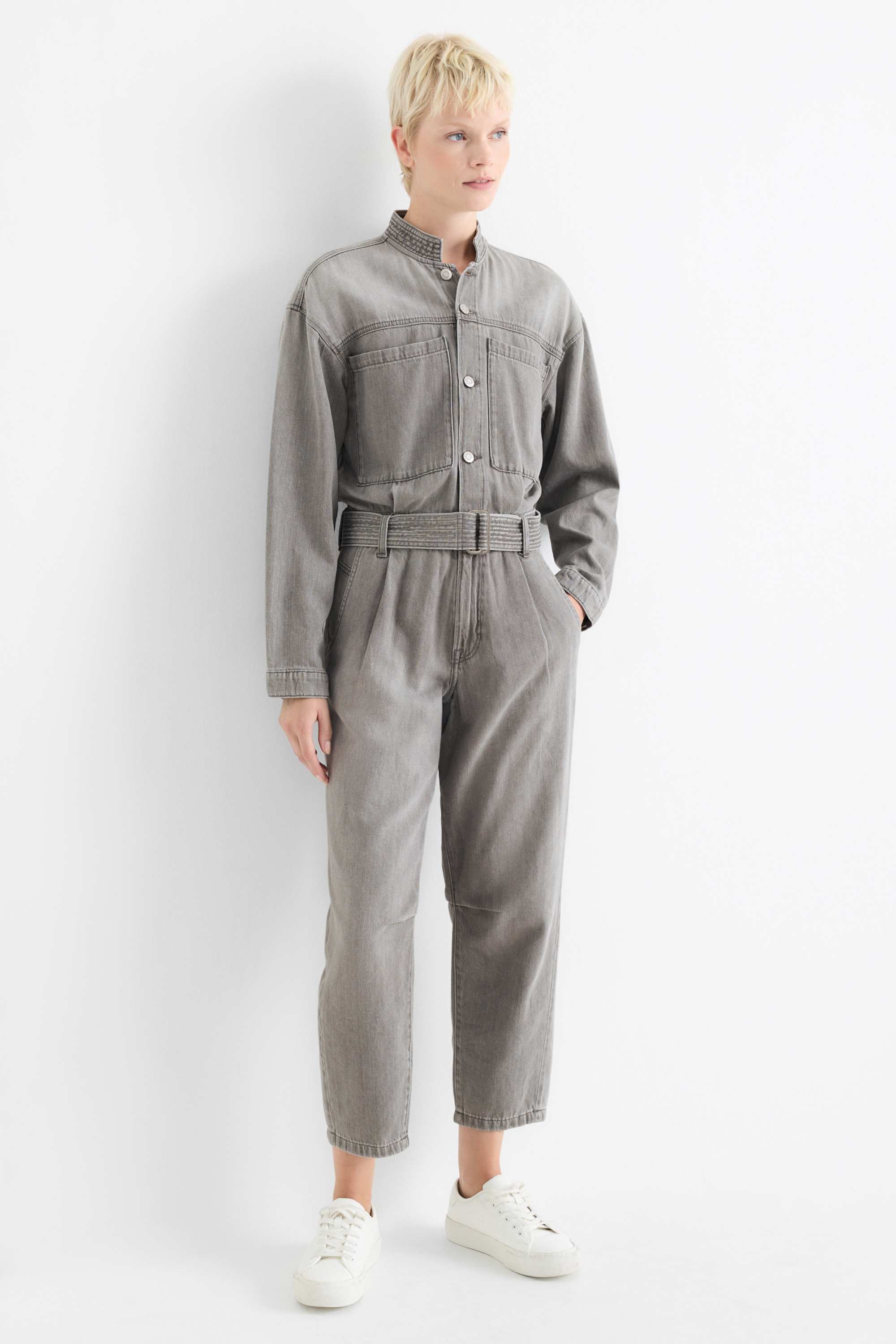 Denim jumpsuit with belt denim-light gray