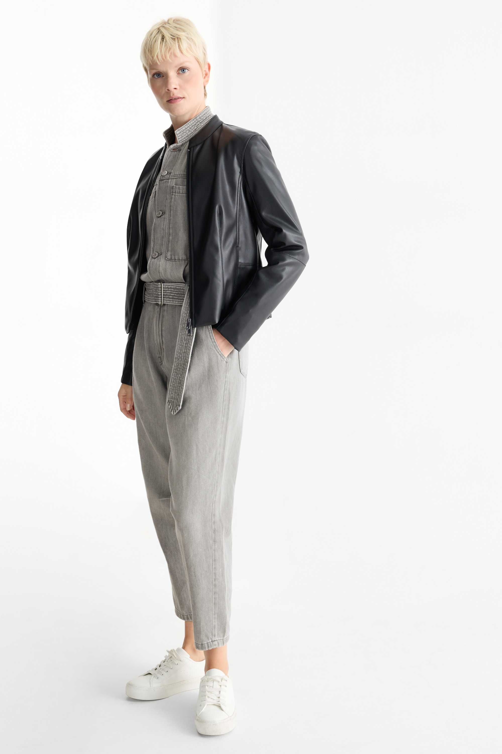 Denim jumpsuit with belt denim-light gray
