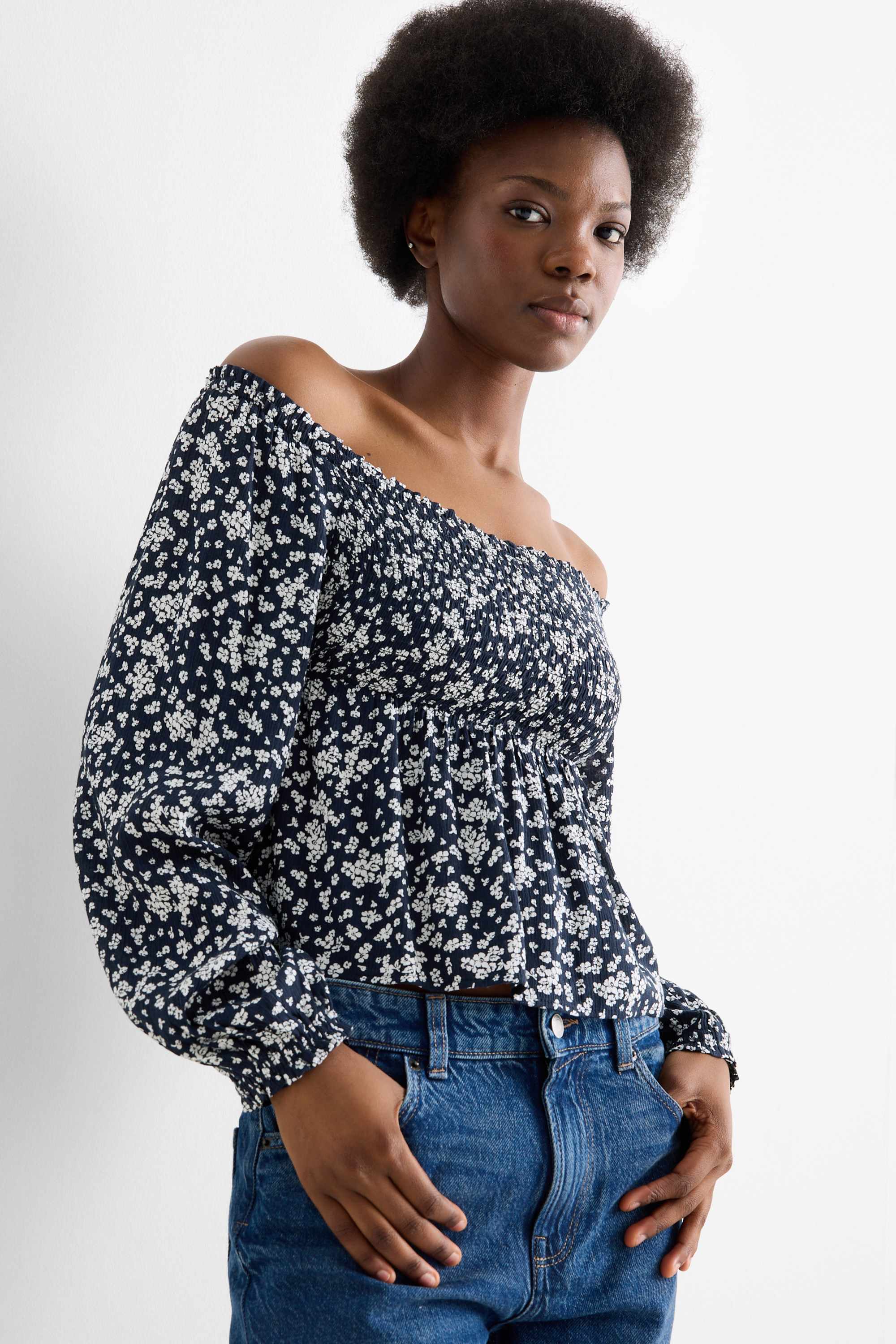 Cropped blouse - smocked dark blue / white