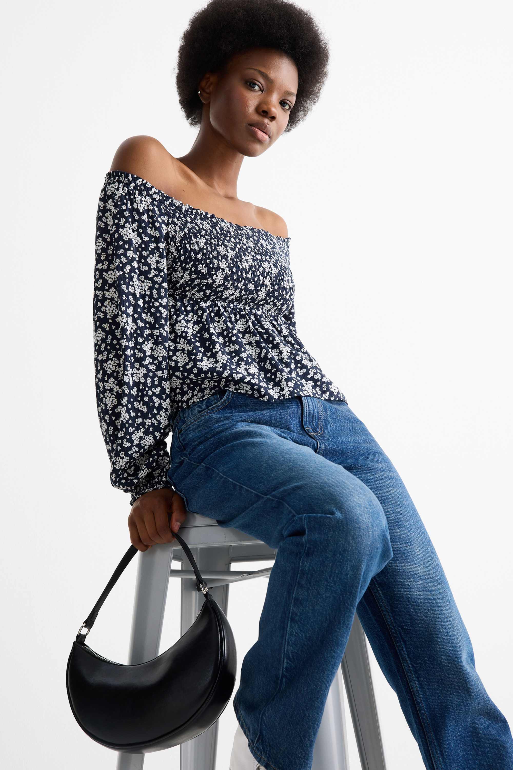 Cropped blouse - smocked dark blue / white