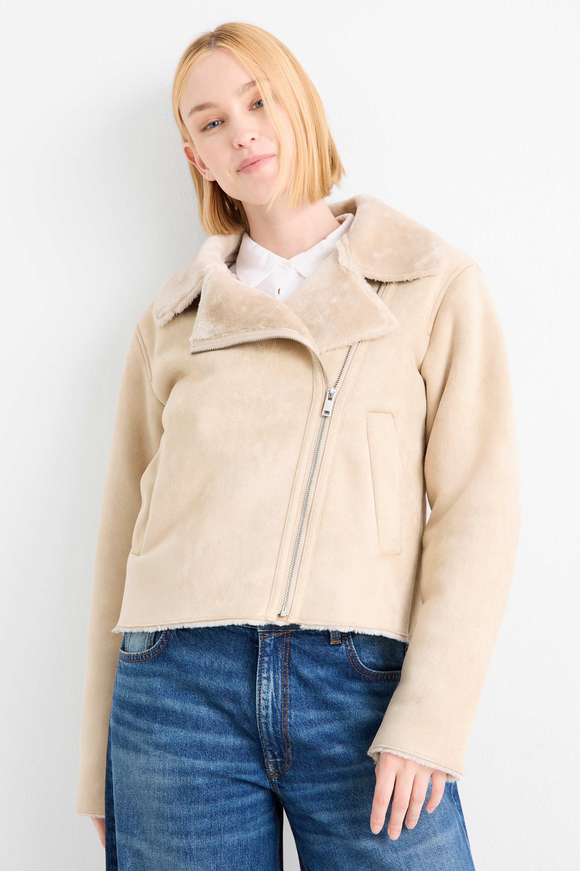 Faux shearling jacket - faux suede light beige