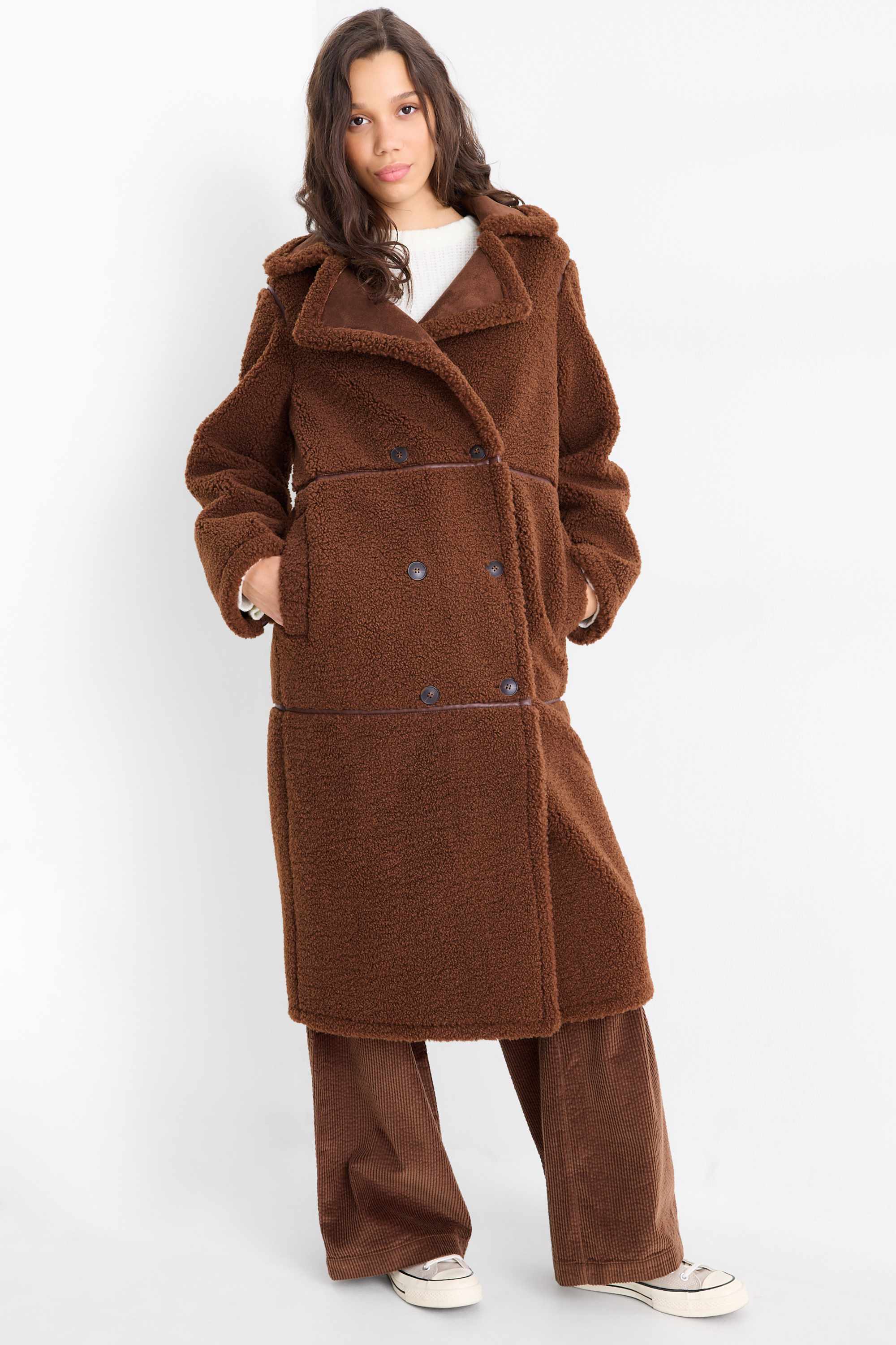 Faux shearling coat - faux leather brown