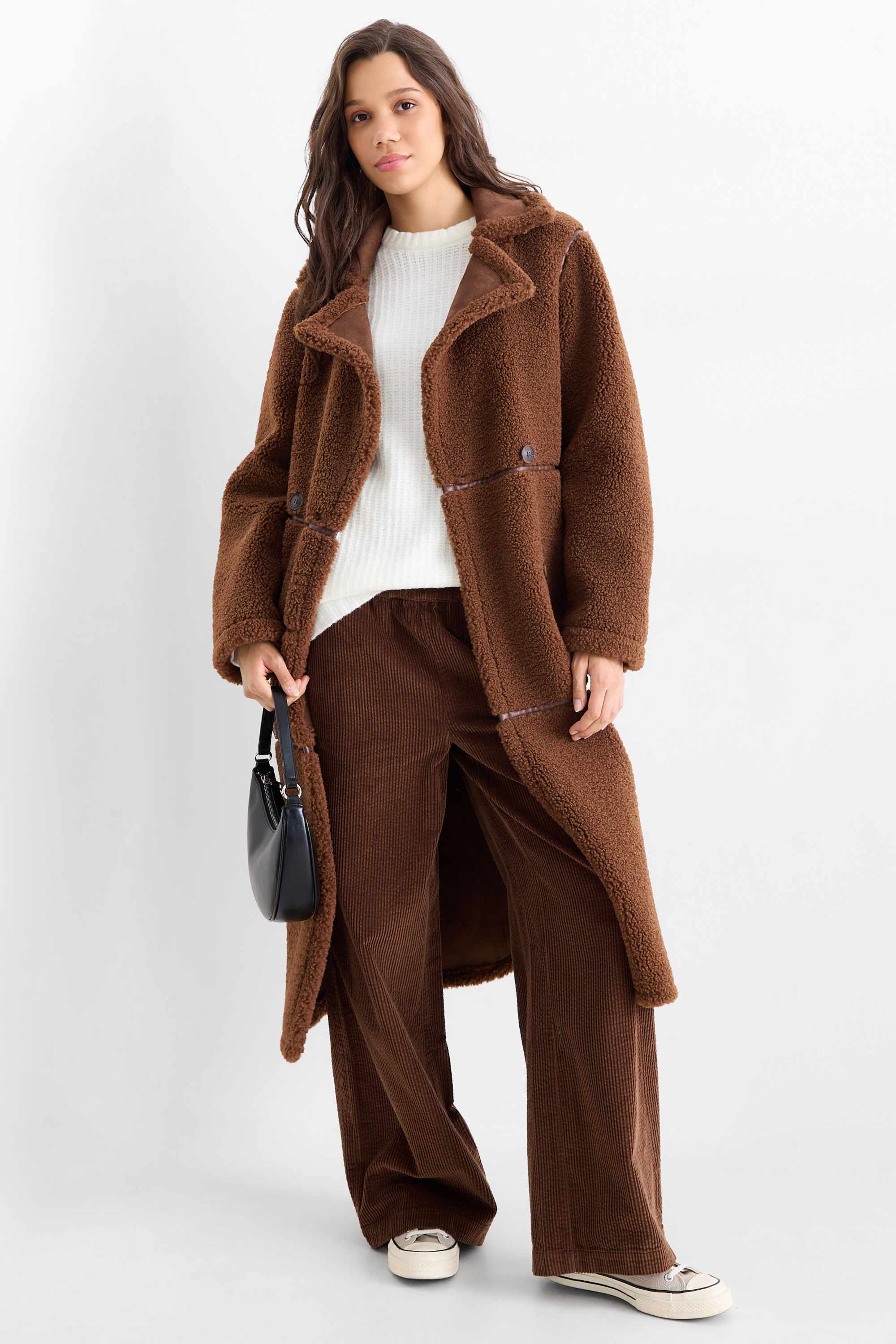 Faux shearling coat - faux leather brown
