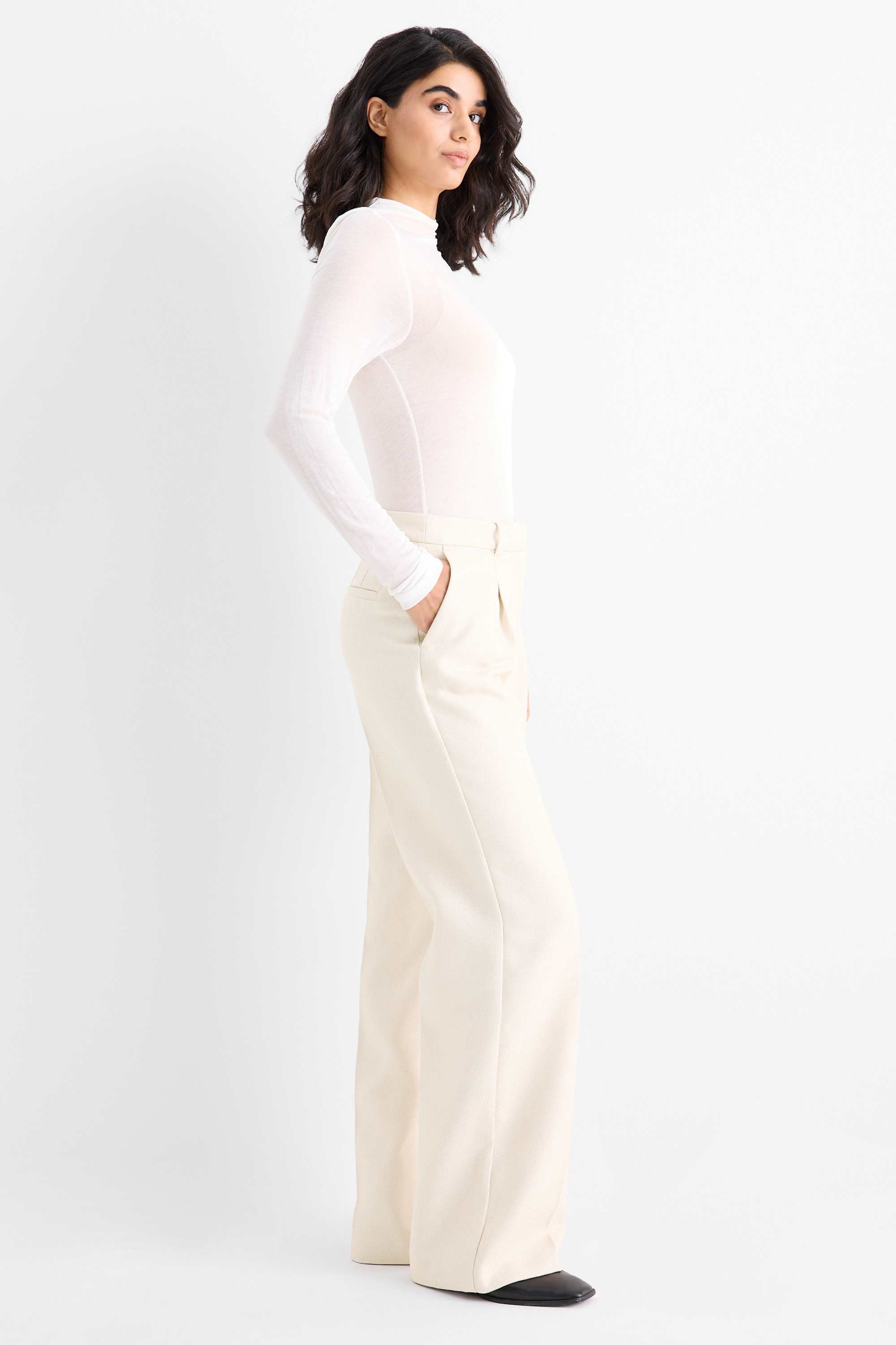 Business trousers - high waist - relaxed fit - textured light beige
