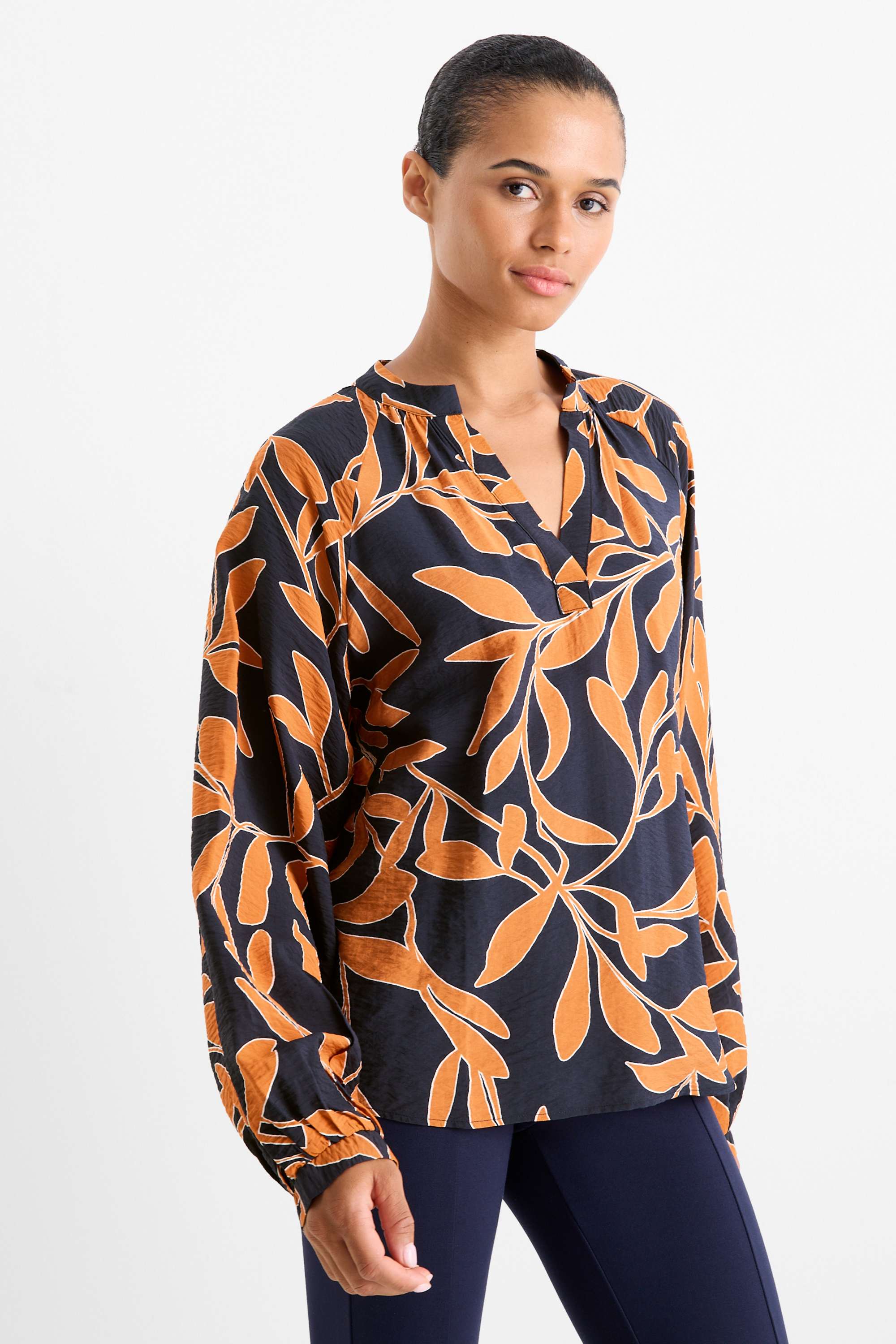 V-neck blouse - floral orange / black