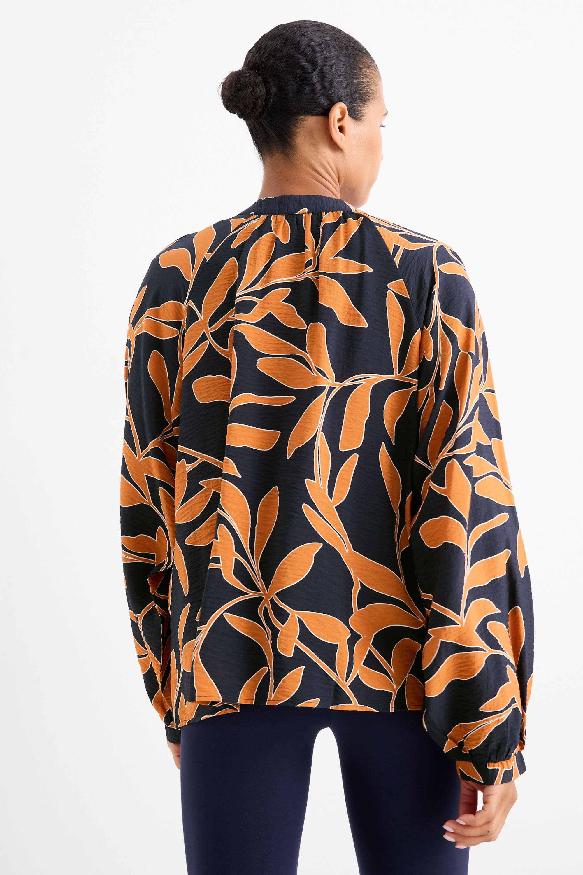 V-neck blouse - floral orange / black