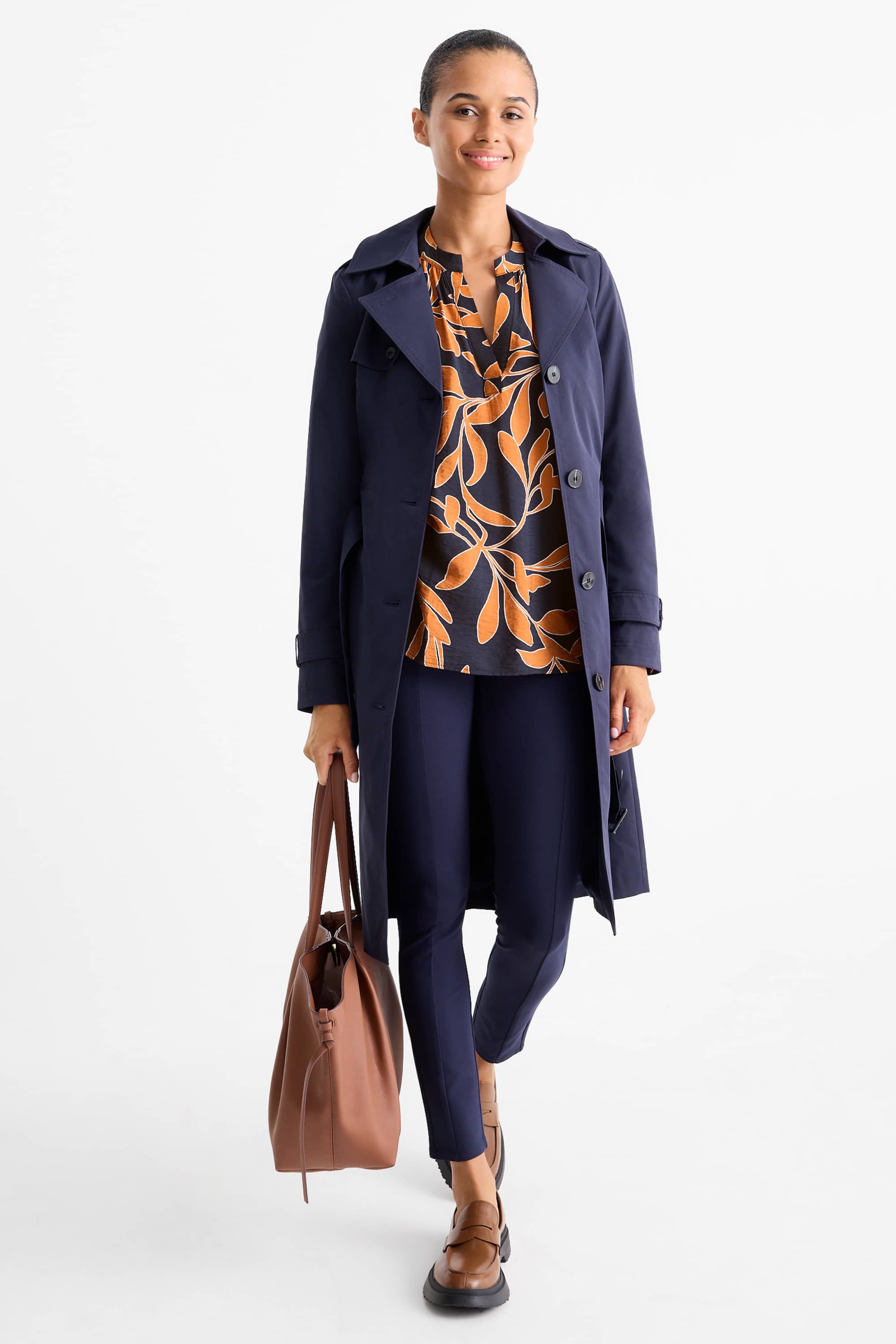 V-neck blouse - floral orange / black