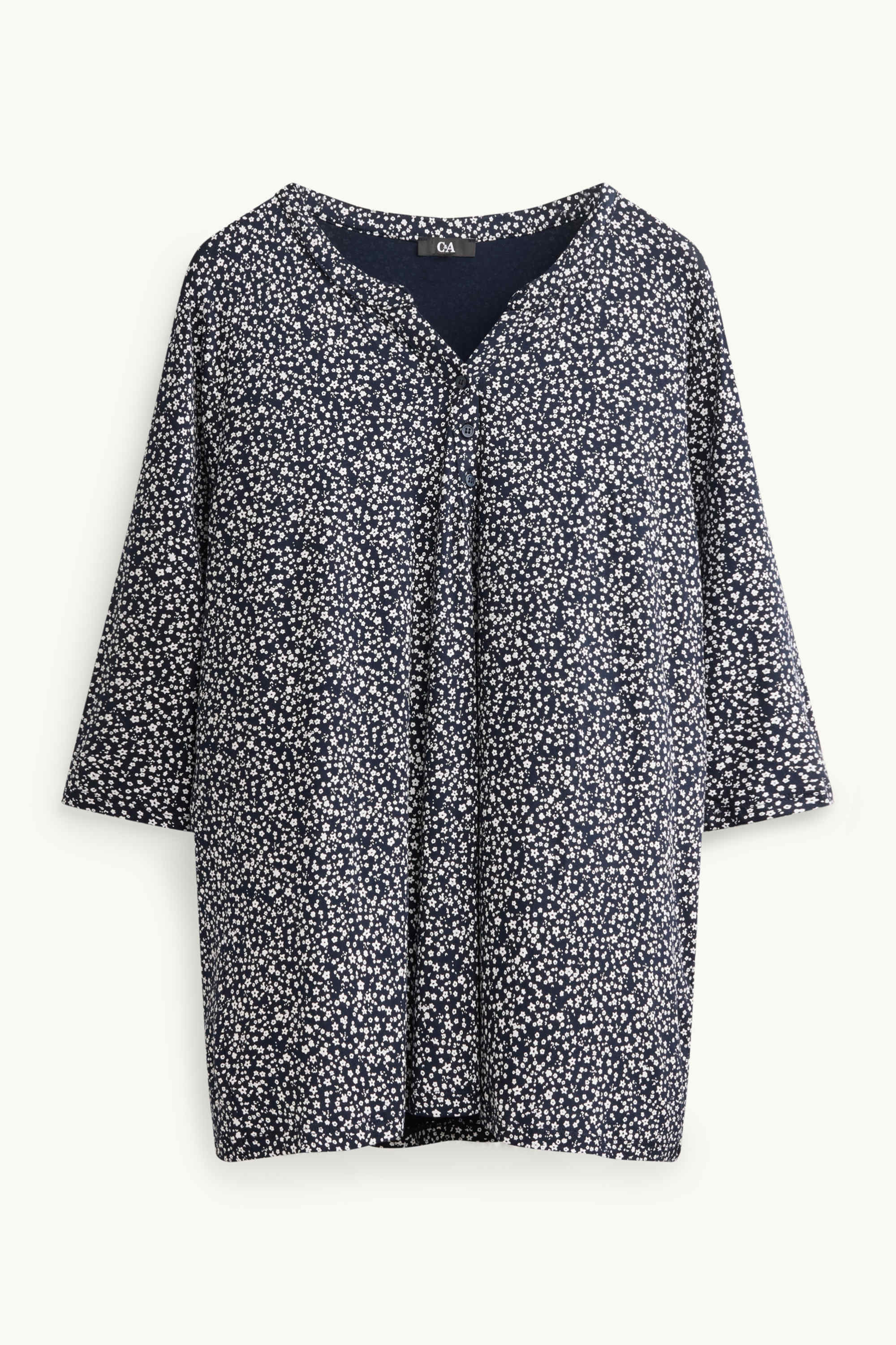 V-neck T-shirt - floral dark blue / white