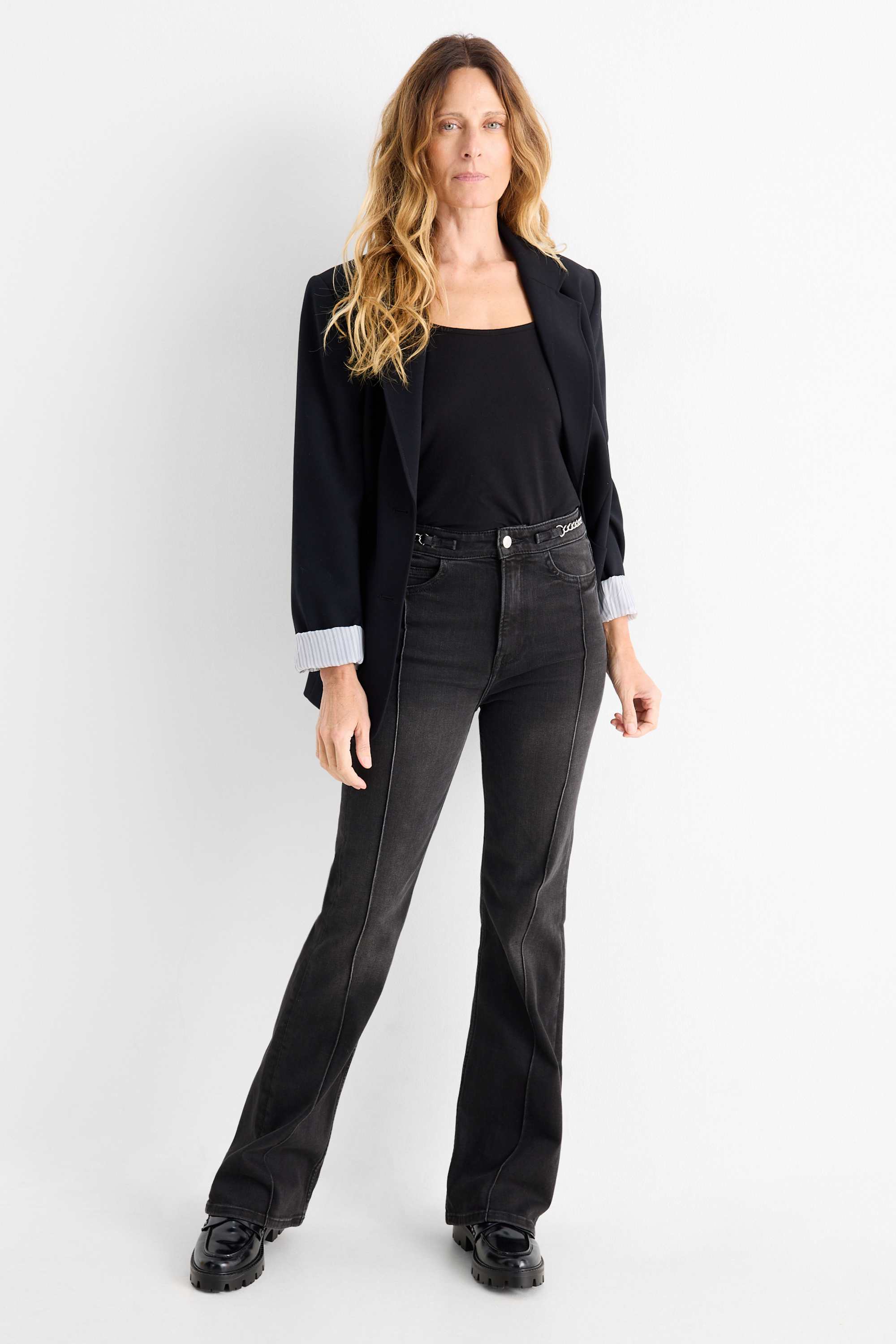 Flared jeans - high waist denim-dark gray