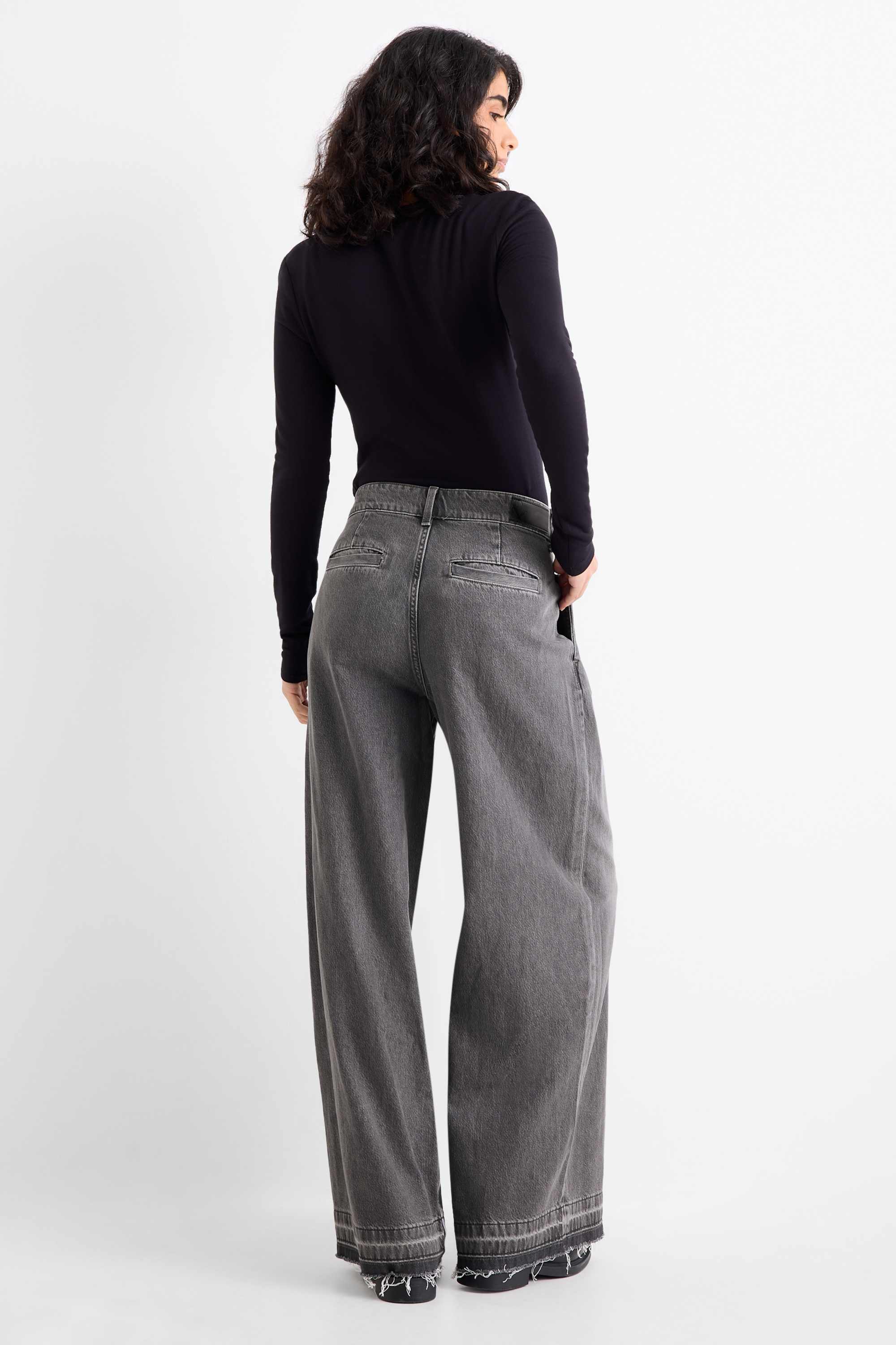 Wide leg jeans - mid-rise waist denim-gray