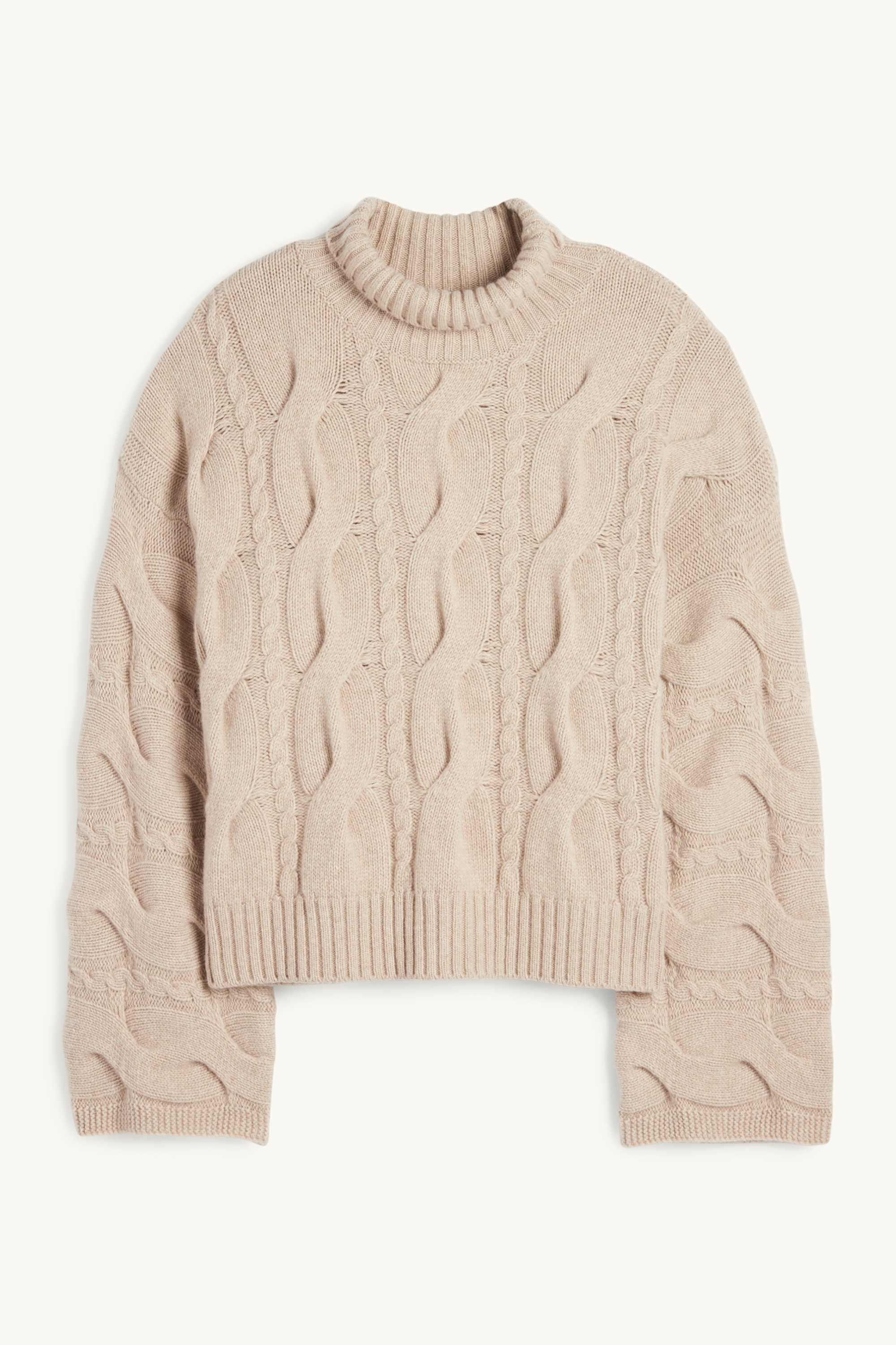 Cashmere turtleneck jumper - cable knit pattern beige