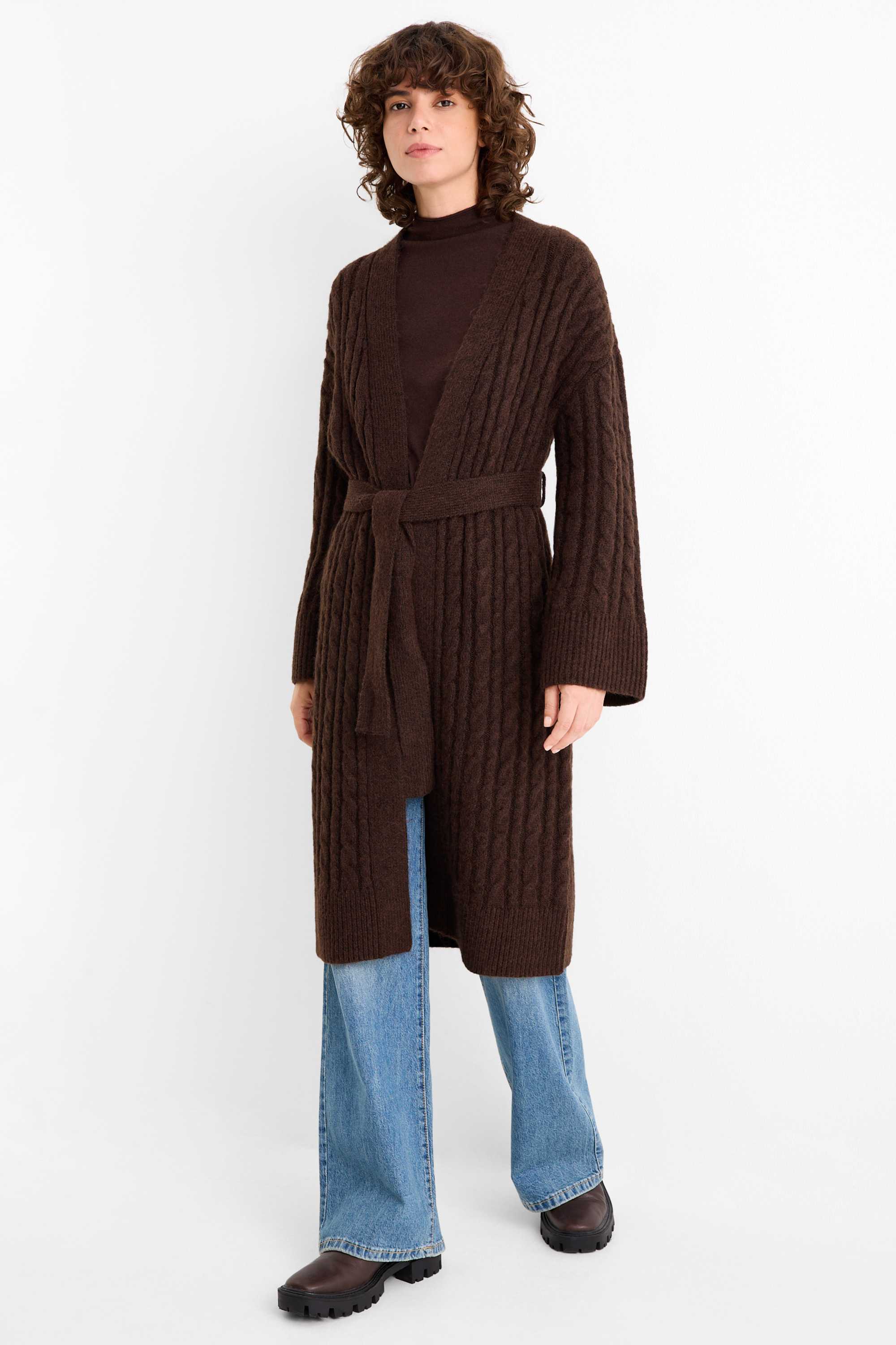 Cardigan - cable knit pattern dark brown