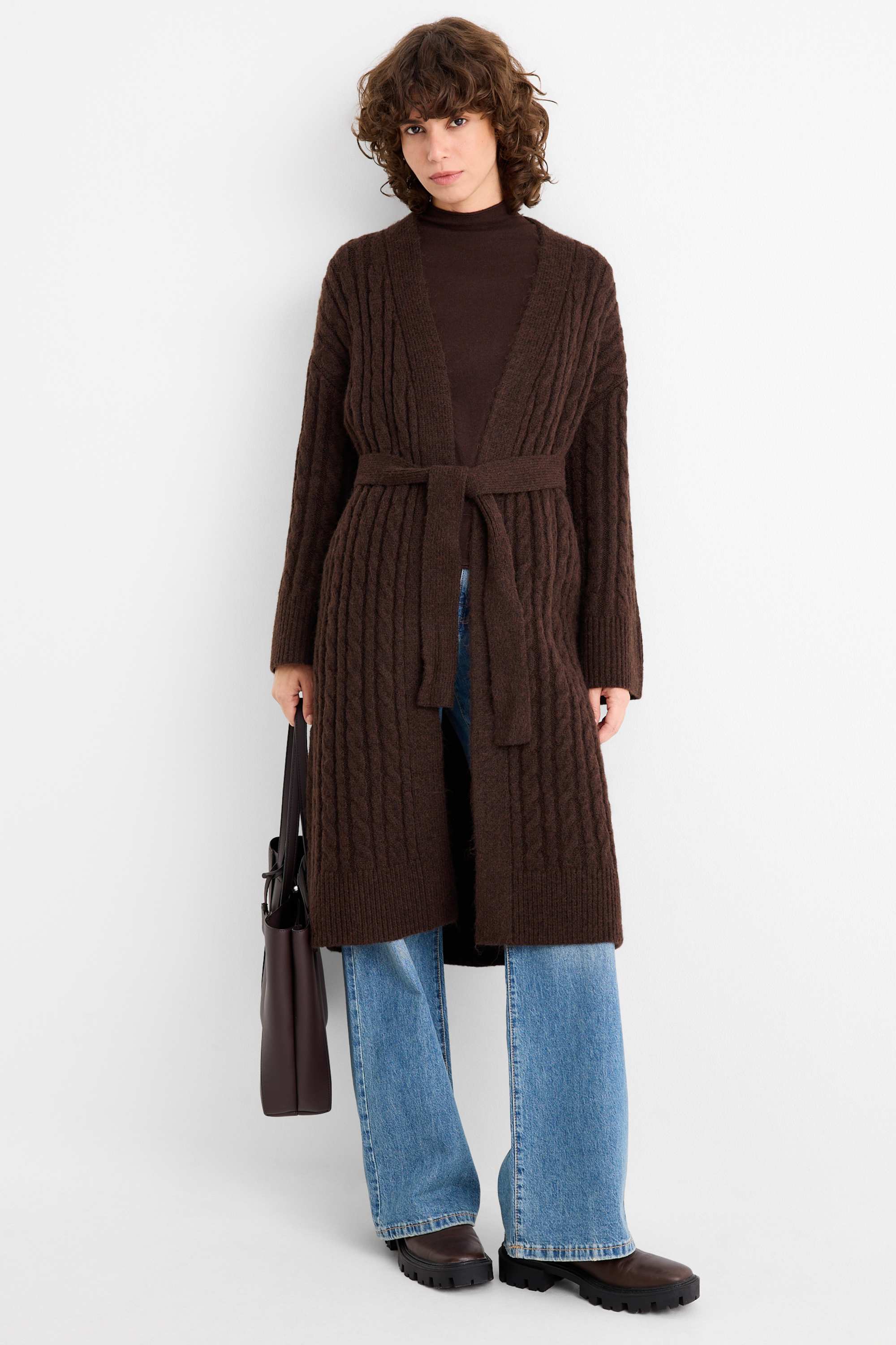 Cardigan - cable knit pattern dark brown