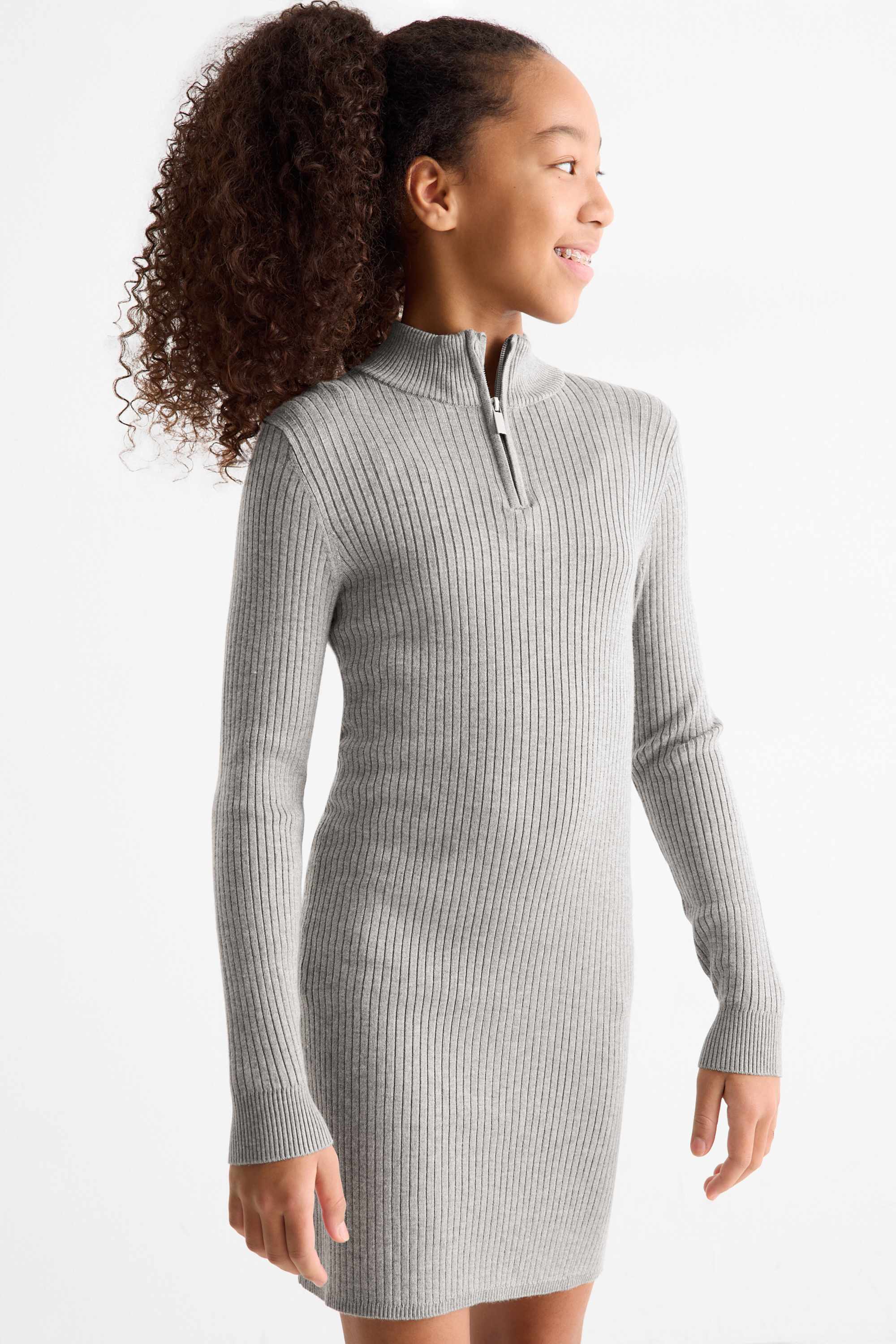 Knitted dress - ribbed light gray-melange