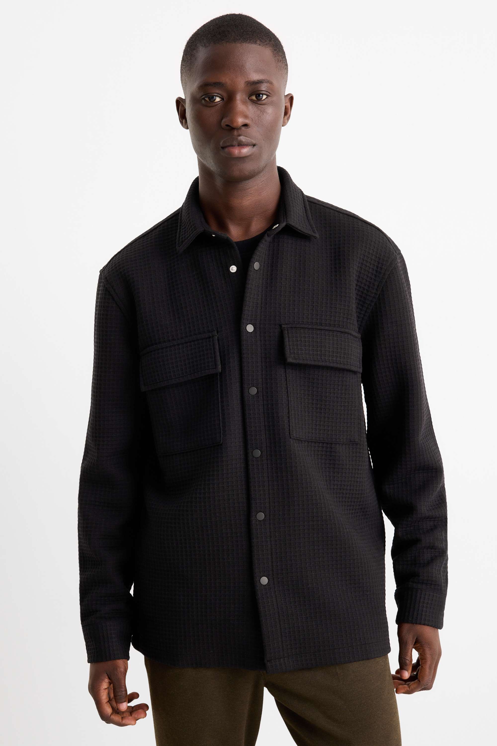 Shirt jacket - relaxed fit - kent collar - textured black