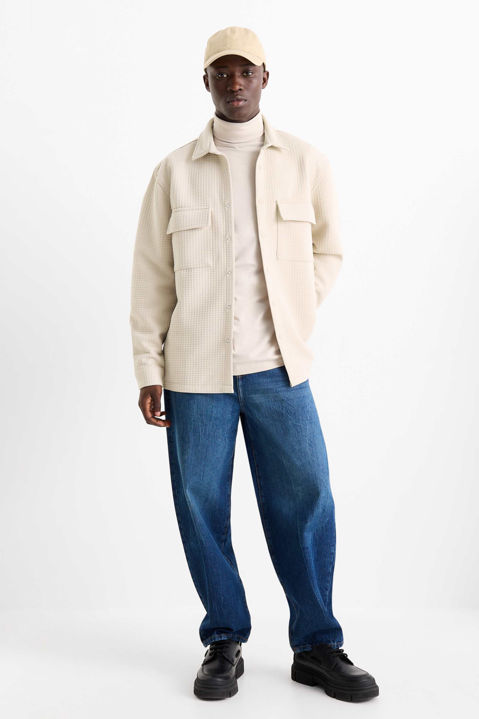 Shirt jacket - relaxed fit - kent collar - textured beige