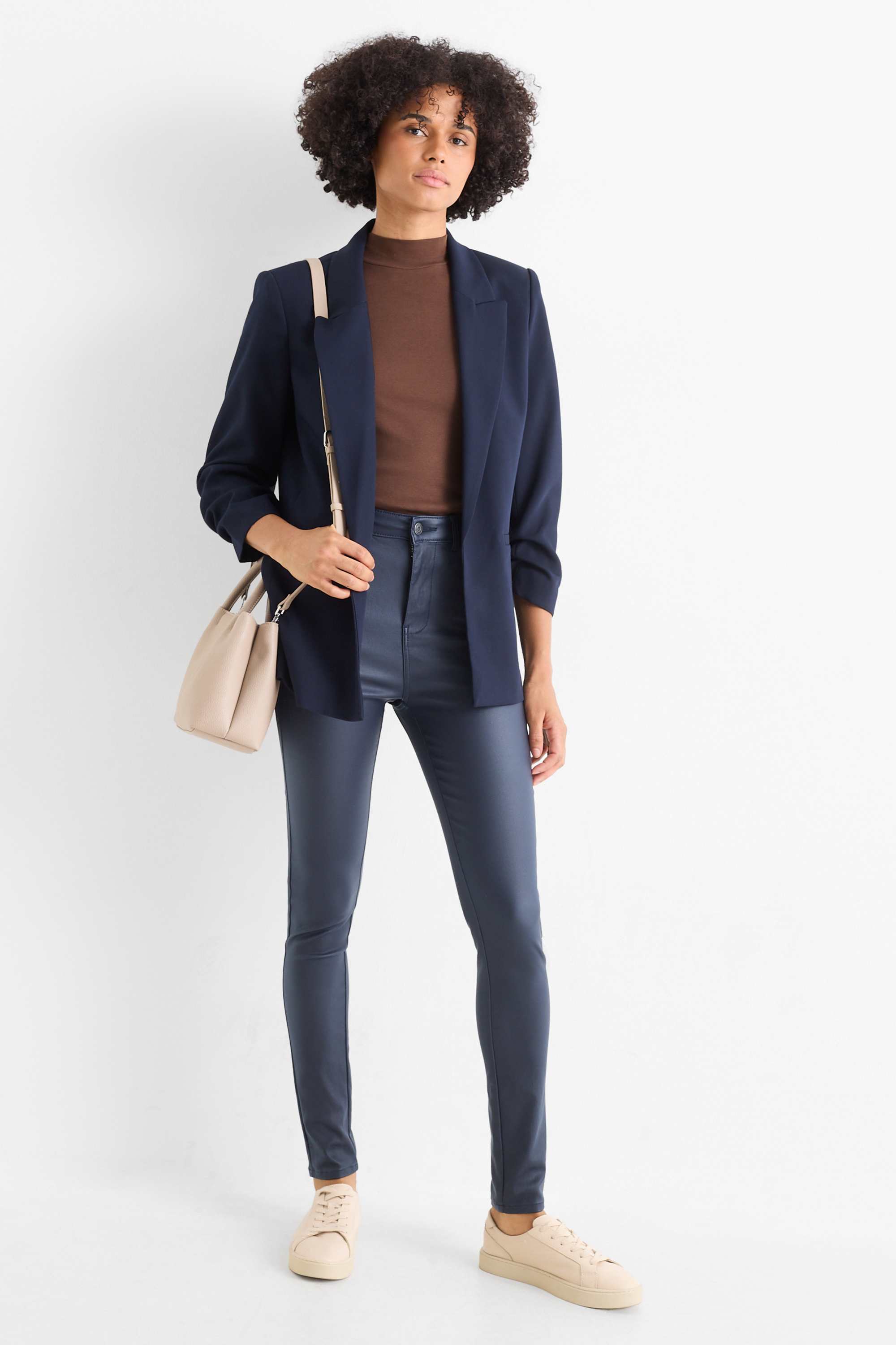 Cloth trousers - high waist - skinny fit - faux leather dark blue