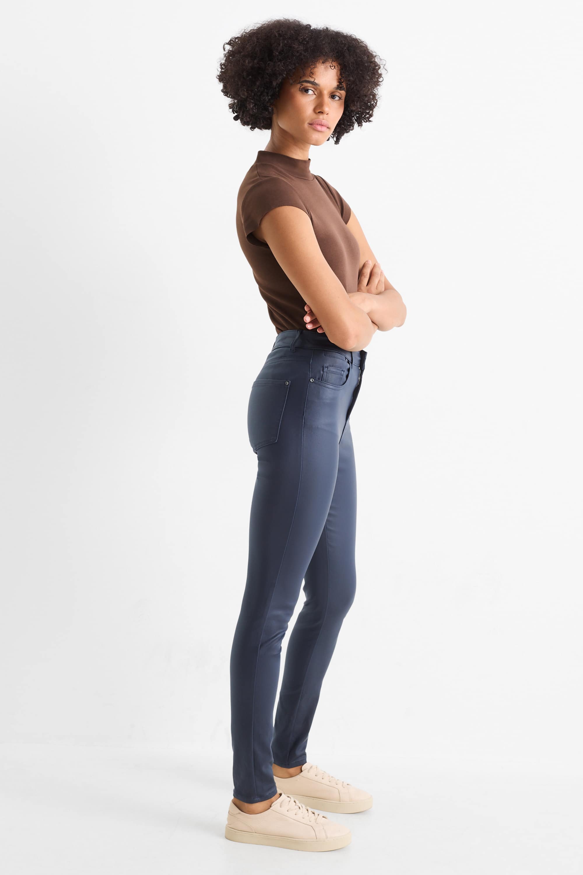 Cloth trousers - high waist - skinny fit - faux leather dark blue