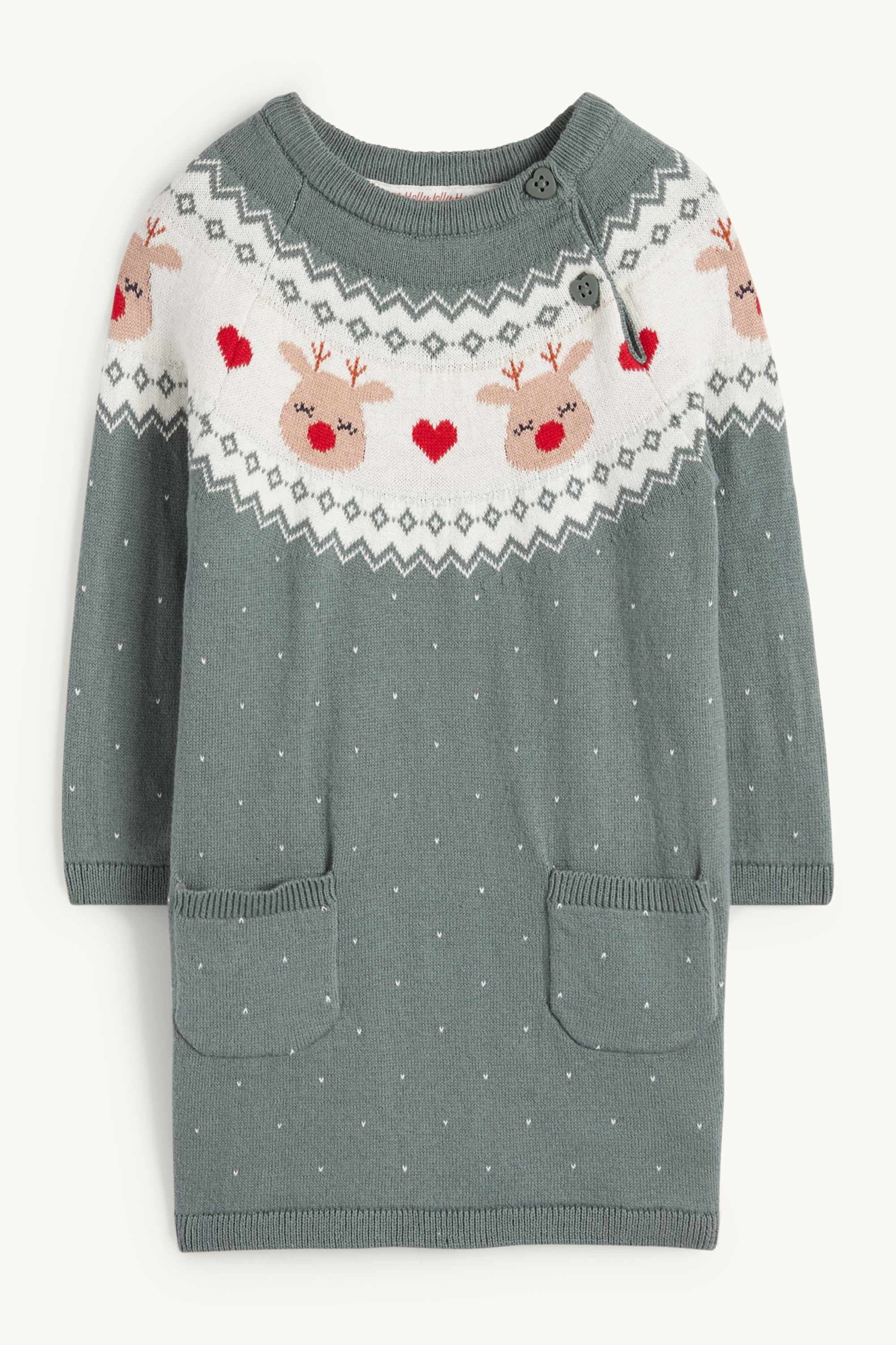 Reindeer - knitted baby Christmas dress dark green