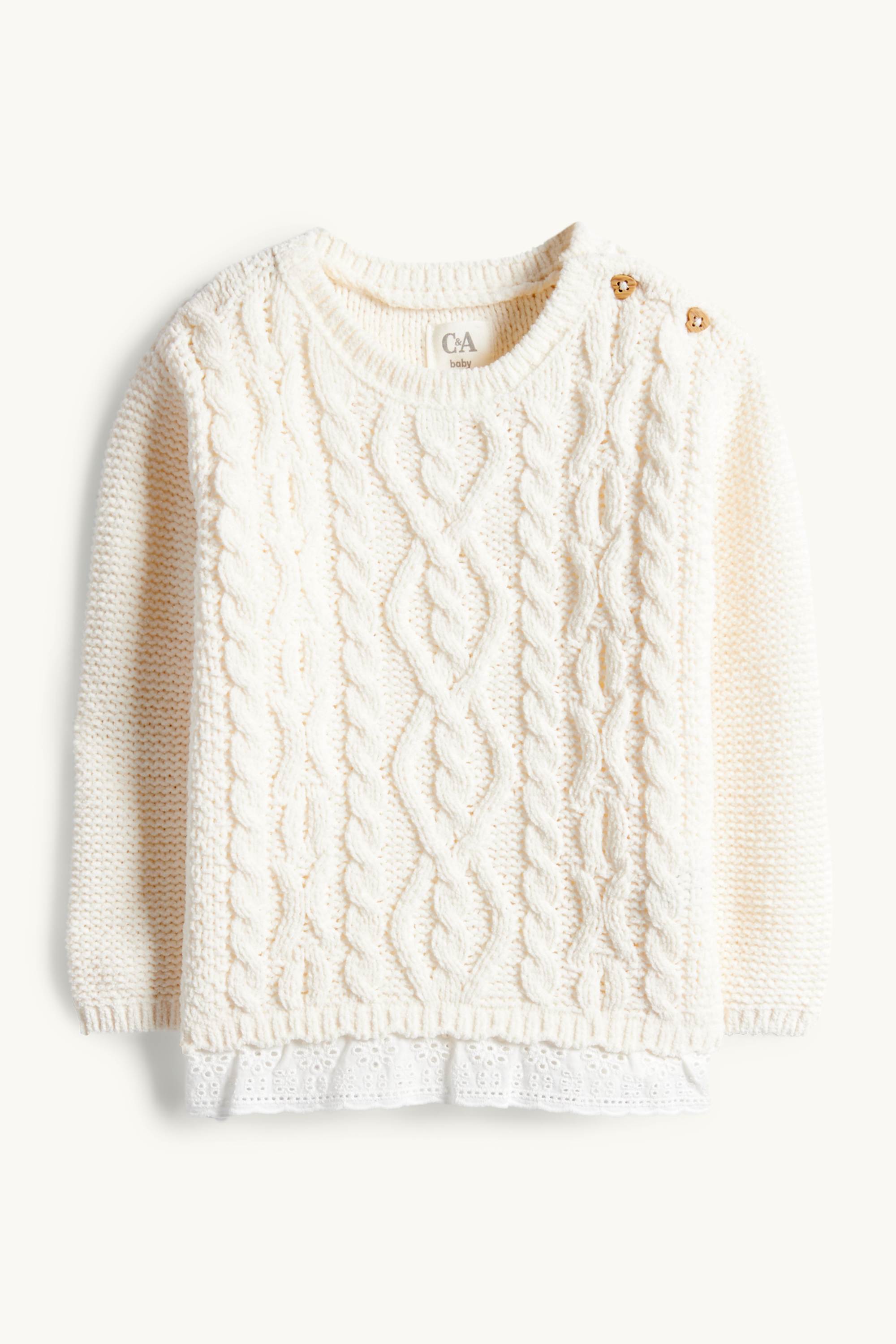 Baby jumper - broderie anglaise - cable knit pattern creme
