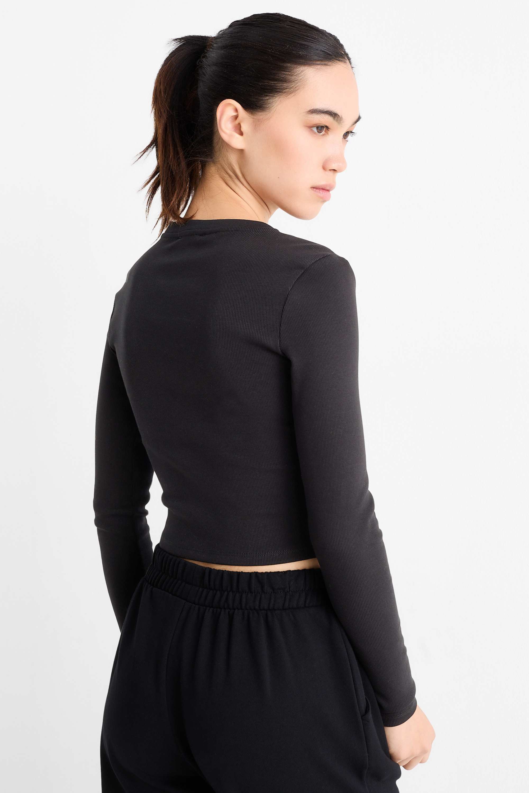 Cropped long sleeve top - ribbed black