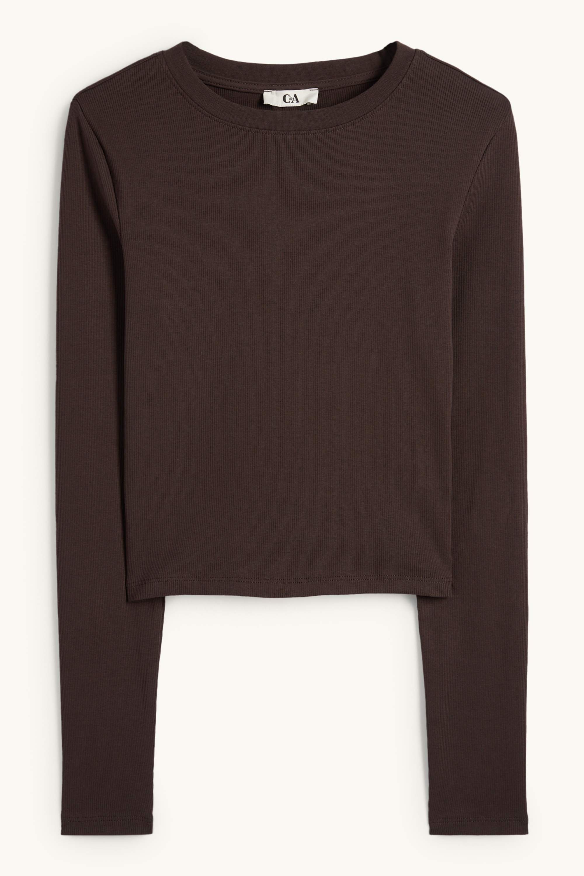 Cropped long sleeve top - ribbed dark brown