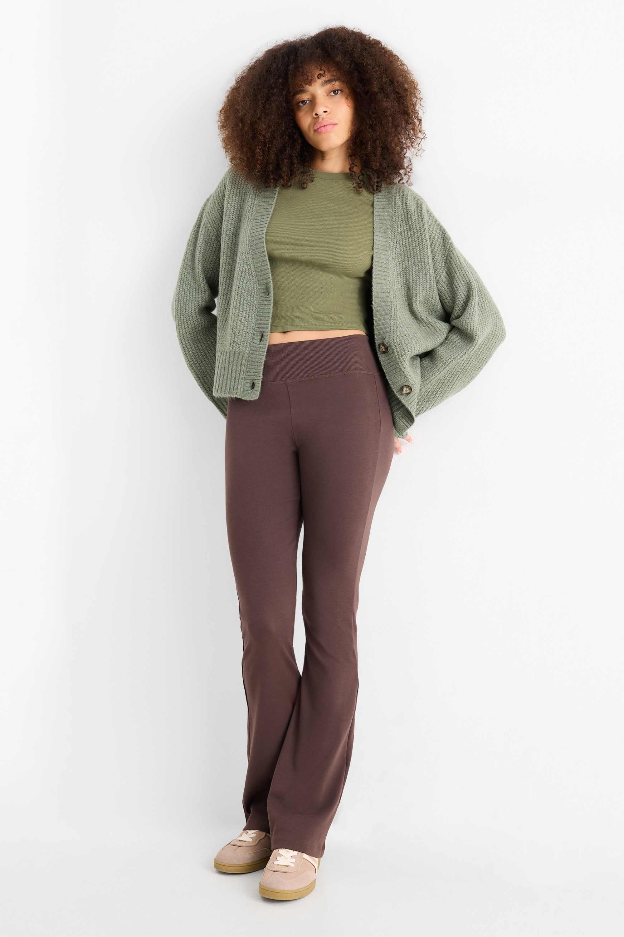 Cropped long sleeve top - ribbed green