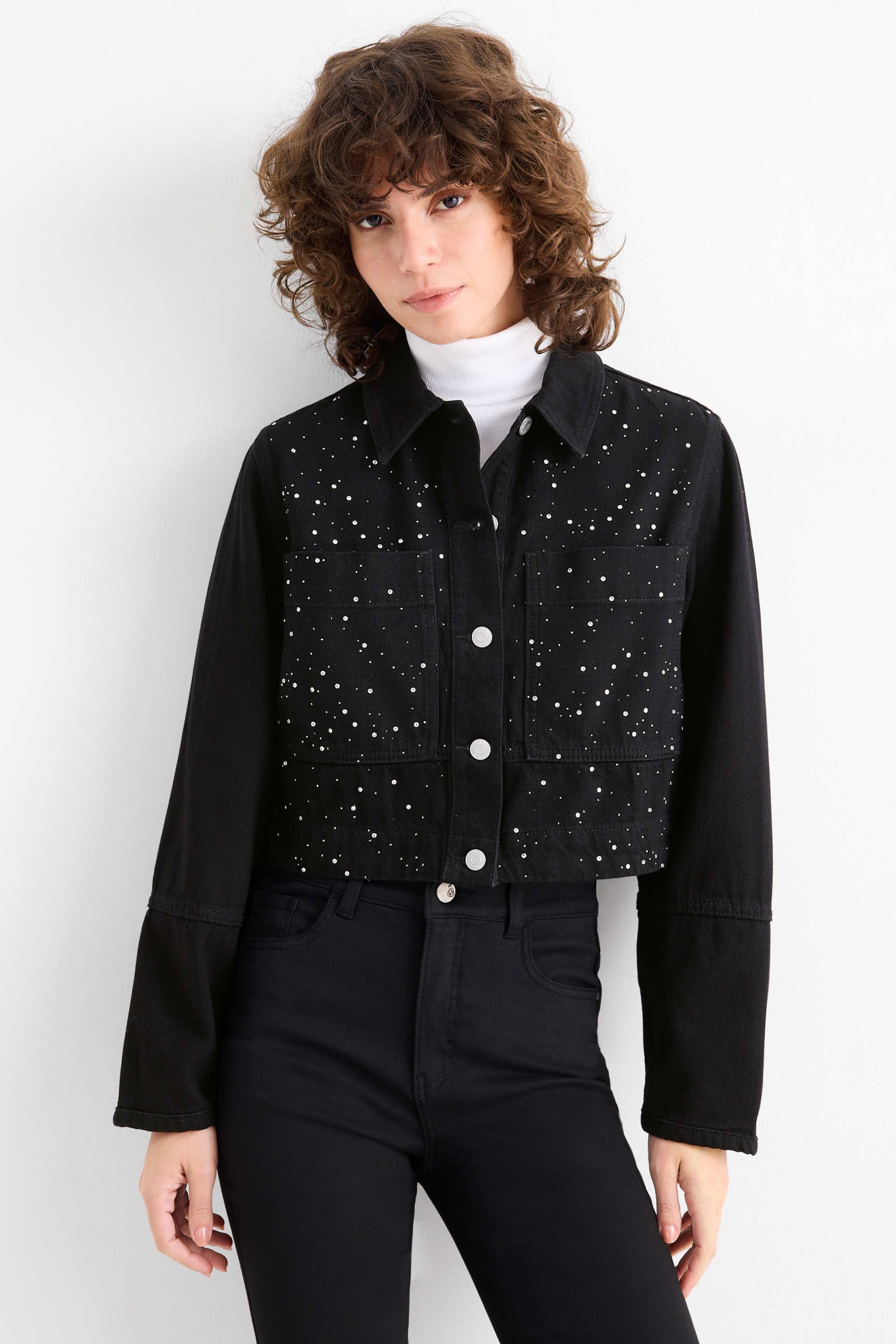 Cropped denim jacket with rhinestones black