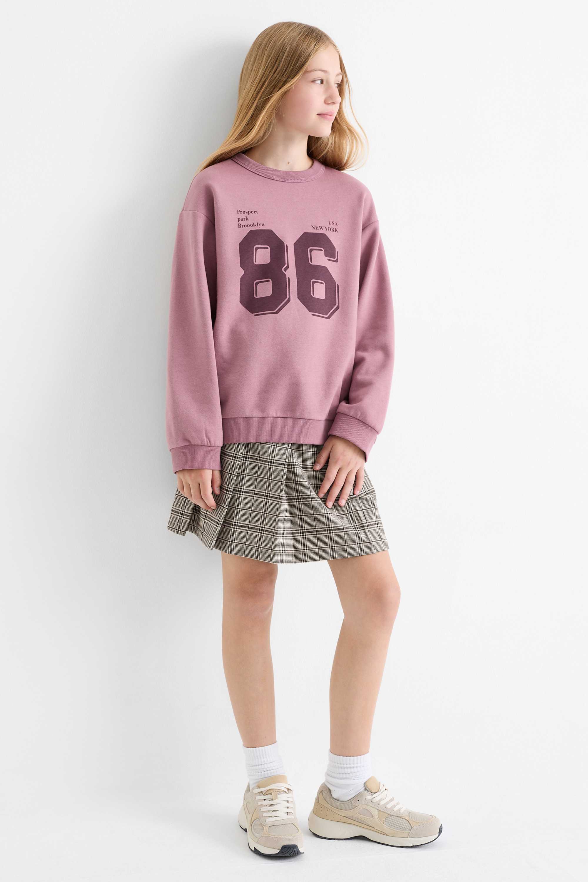 Pleated skirt - check black / beige