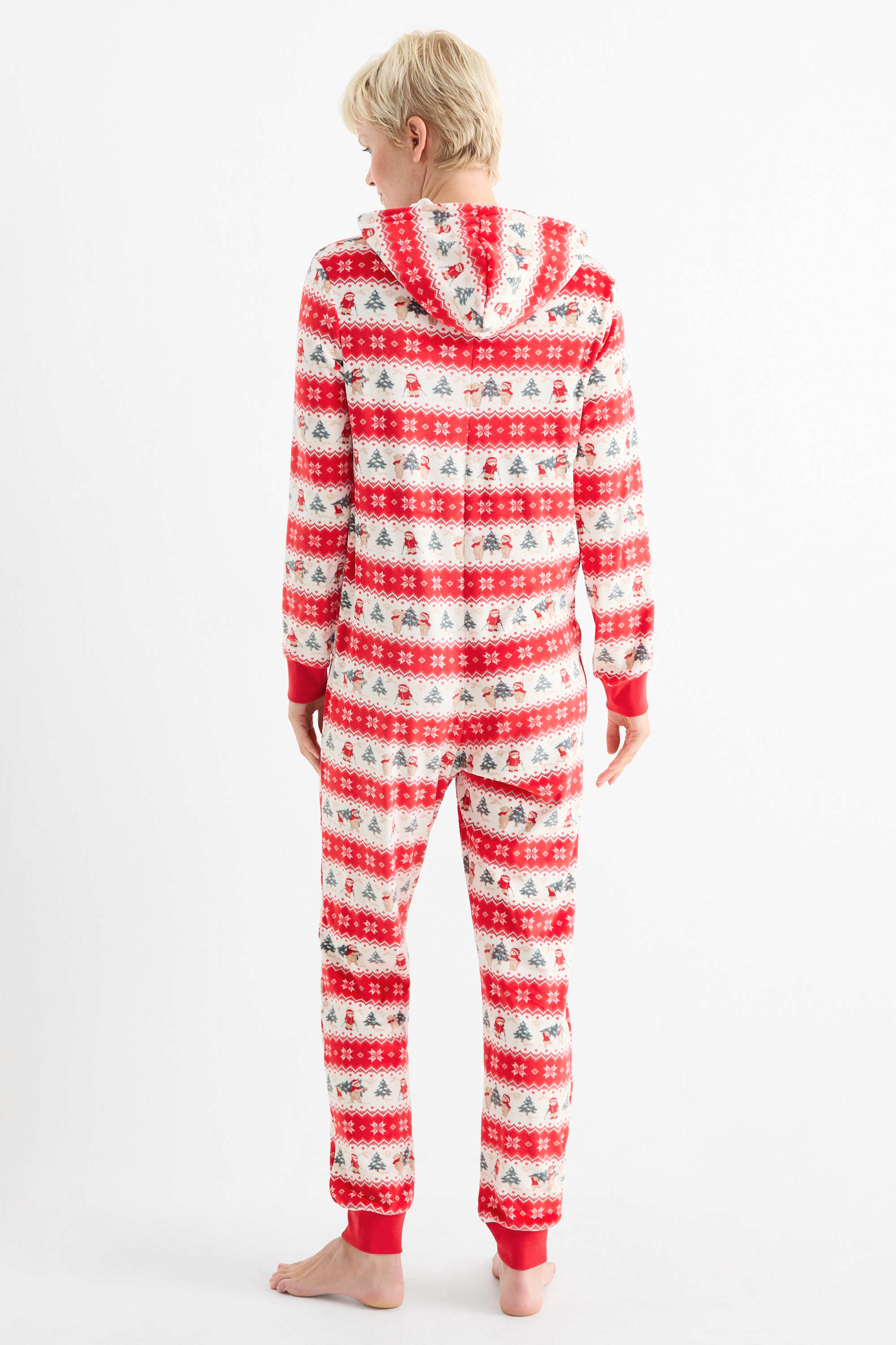 Mini Me - women's Christmas onesie with hood - patterned white / red