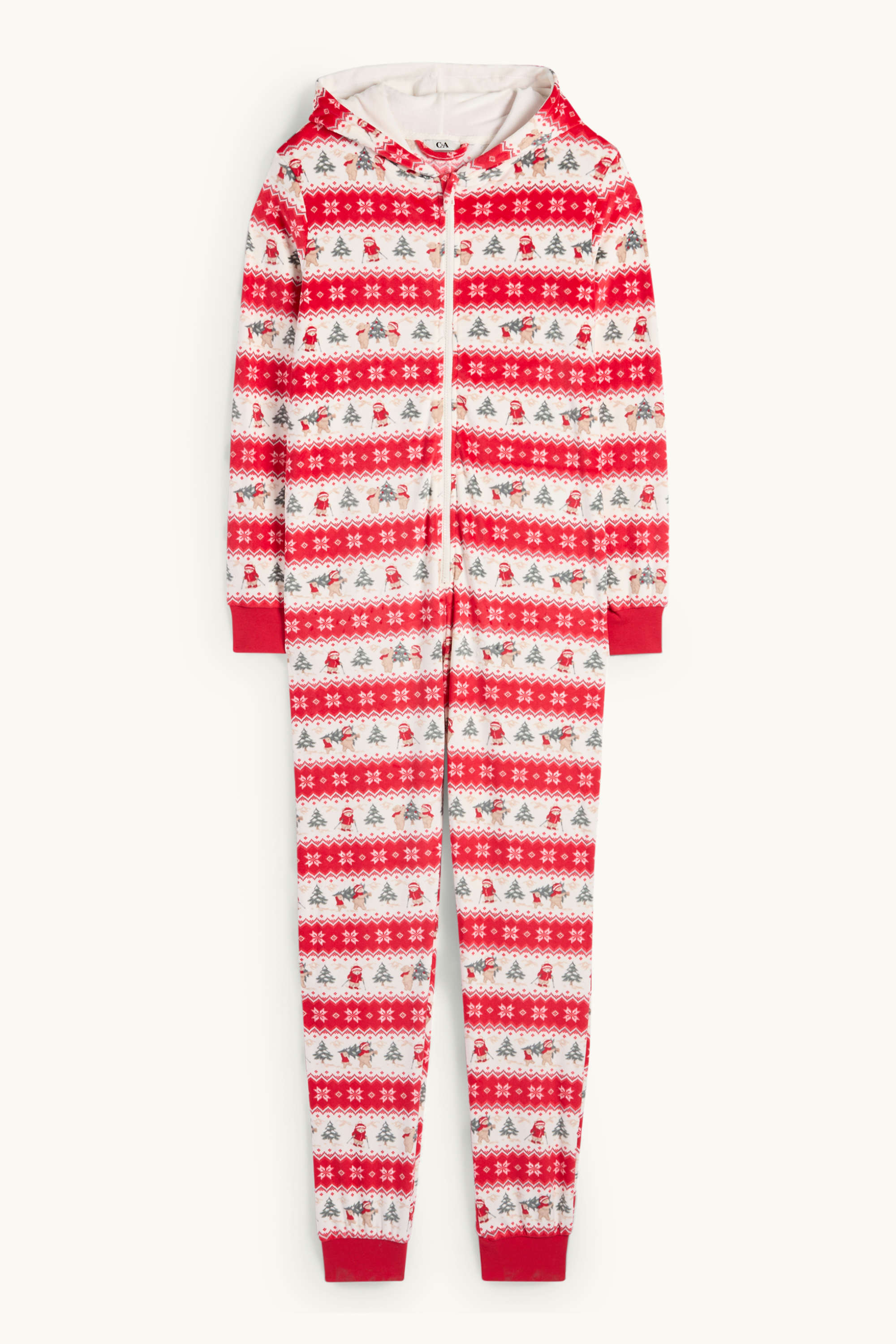 Mini Me - women's Christmas onesie with hood - patterned white / red