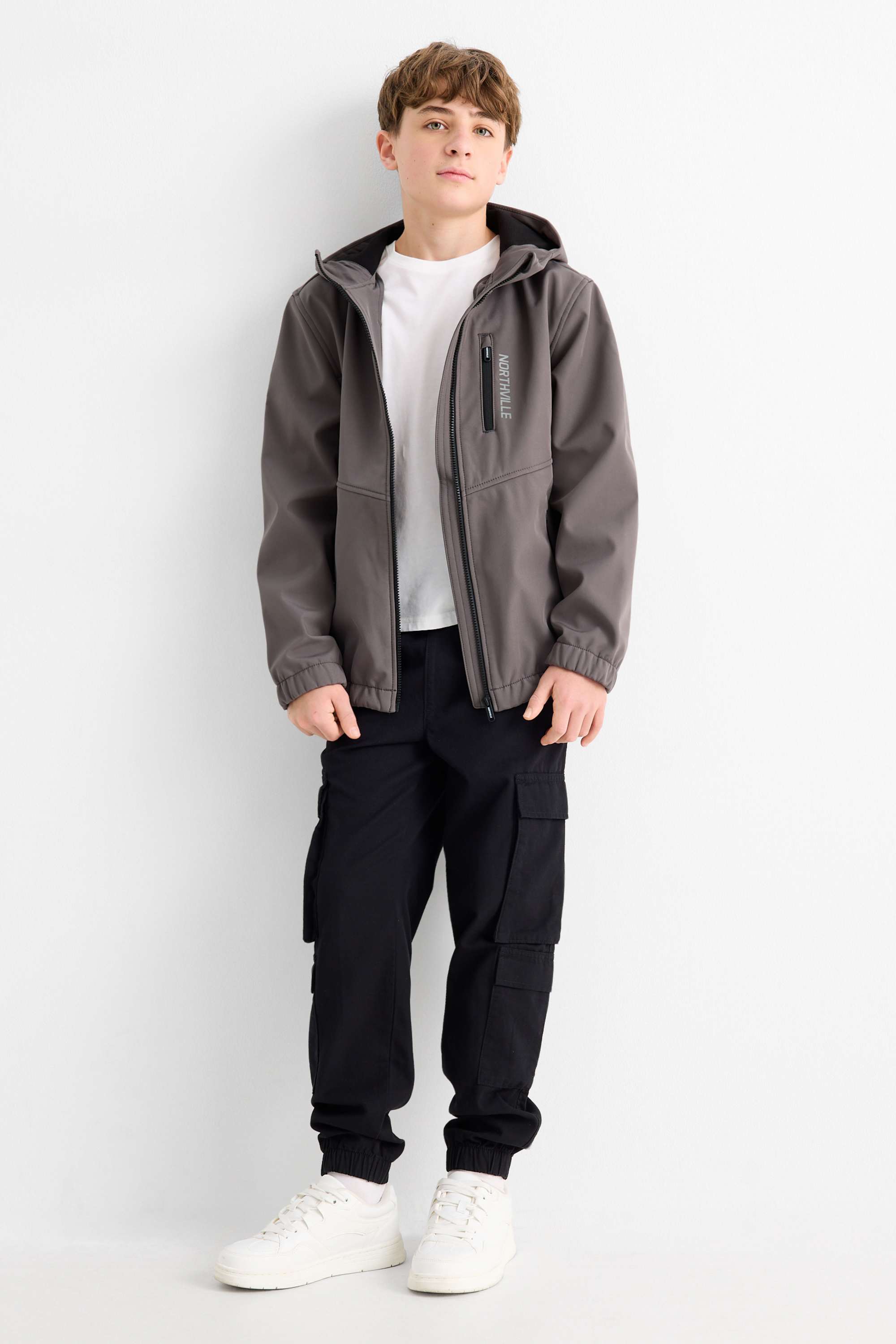 Softshell jacket with hood - waterproof dark gray